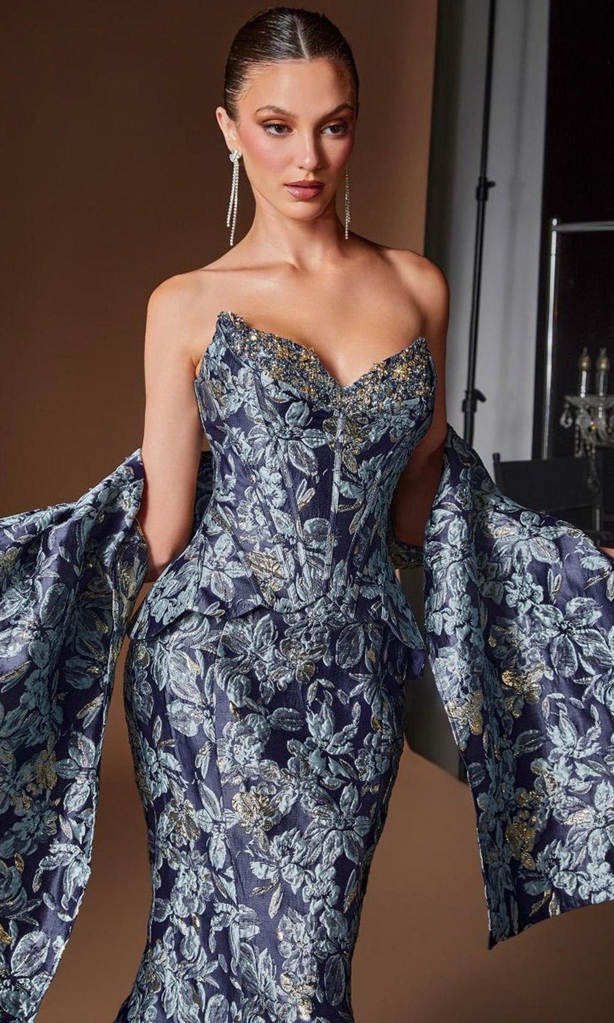 Ladivine CD655 - Floral Jacquard Sweetheart Prom Gown