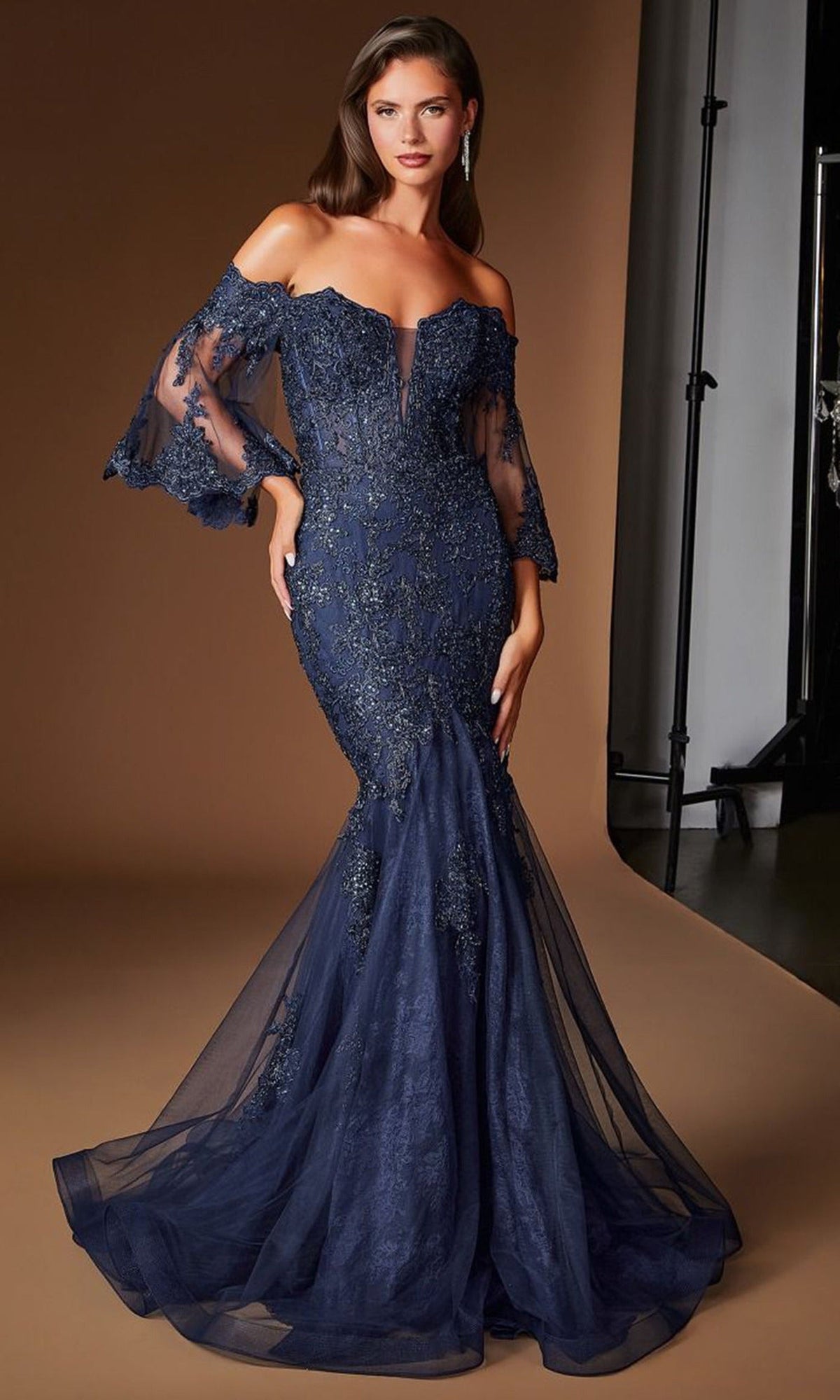 Ladivine CD659 - Bell Sleeve Embroidered Lace Prom Gown