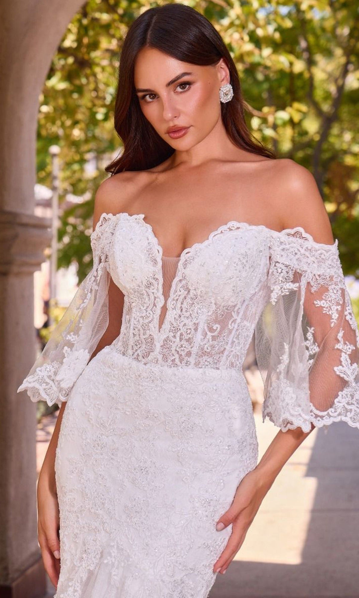 Ladivine CD659W - Embroidered Lace Illusion Sleeve Bridal Gown