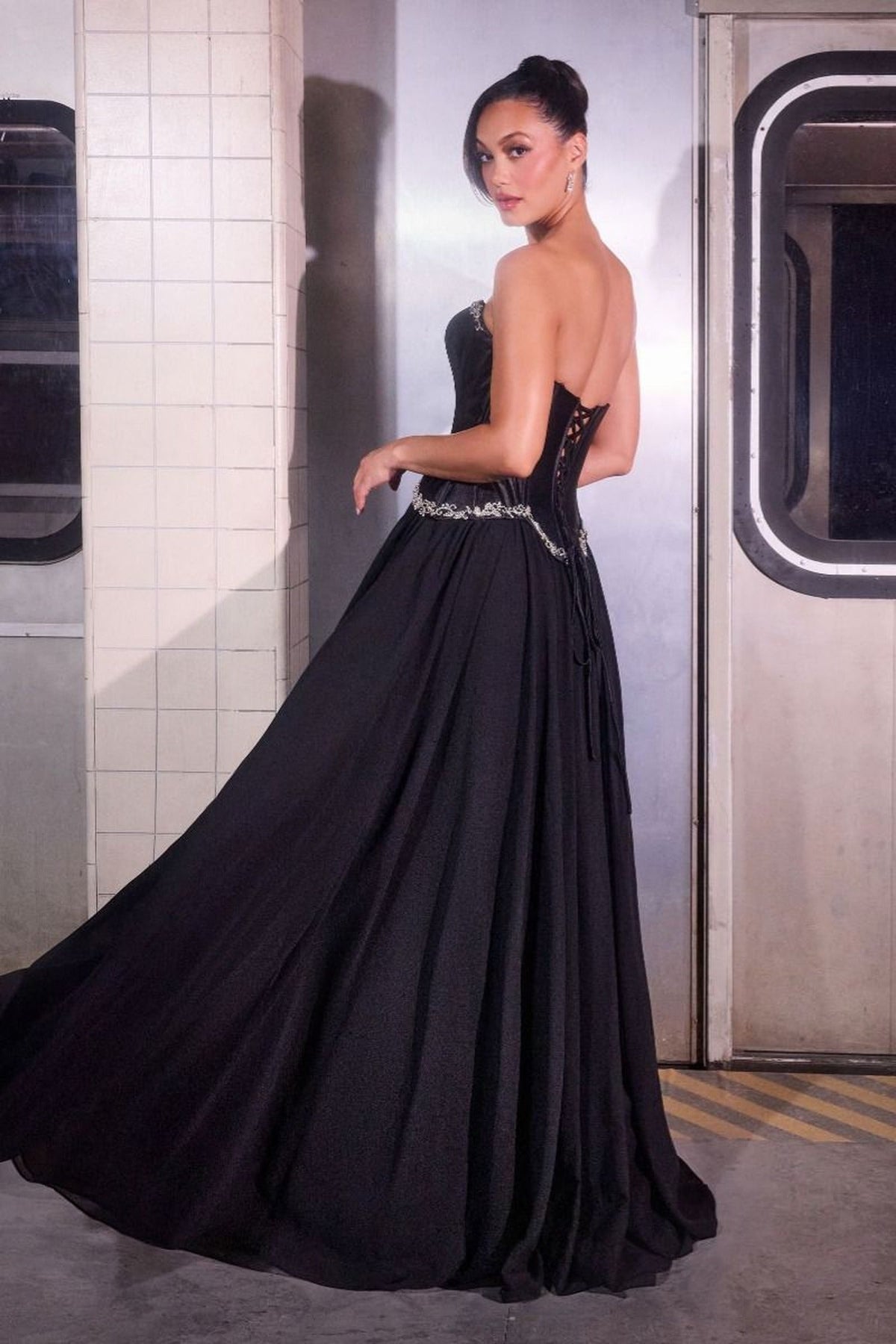 Ladivine CD668C - Satin Corset Beaded Trim Ballgown
