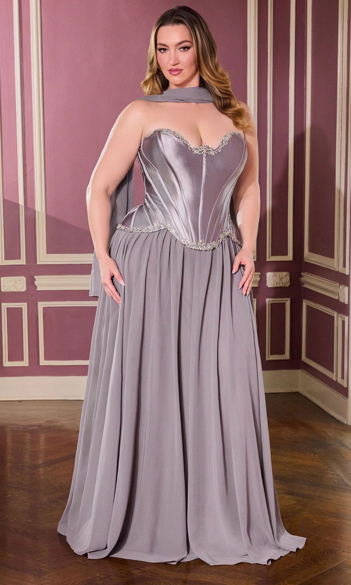 Ladivine CD668C - Satin Corset Beaded Trim Ballgown