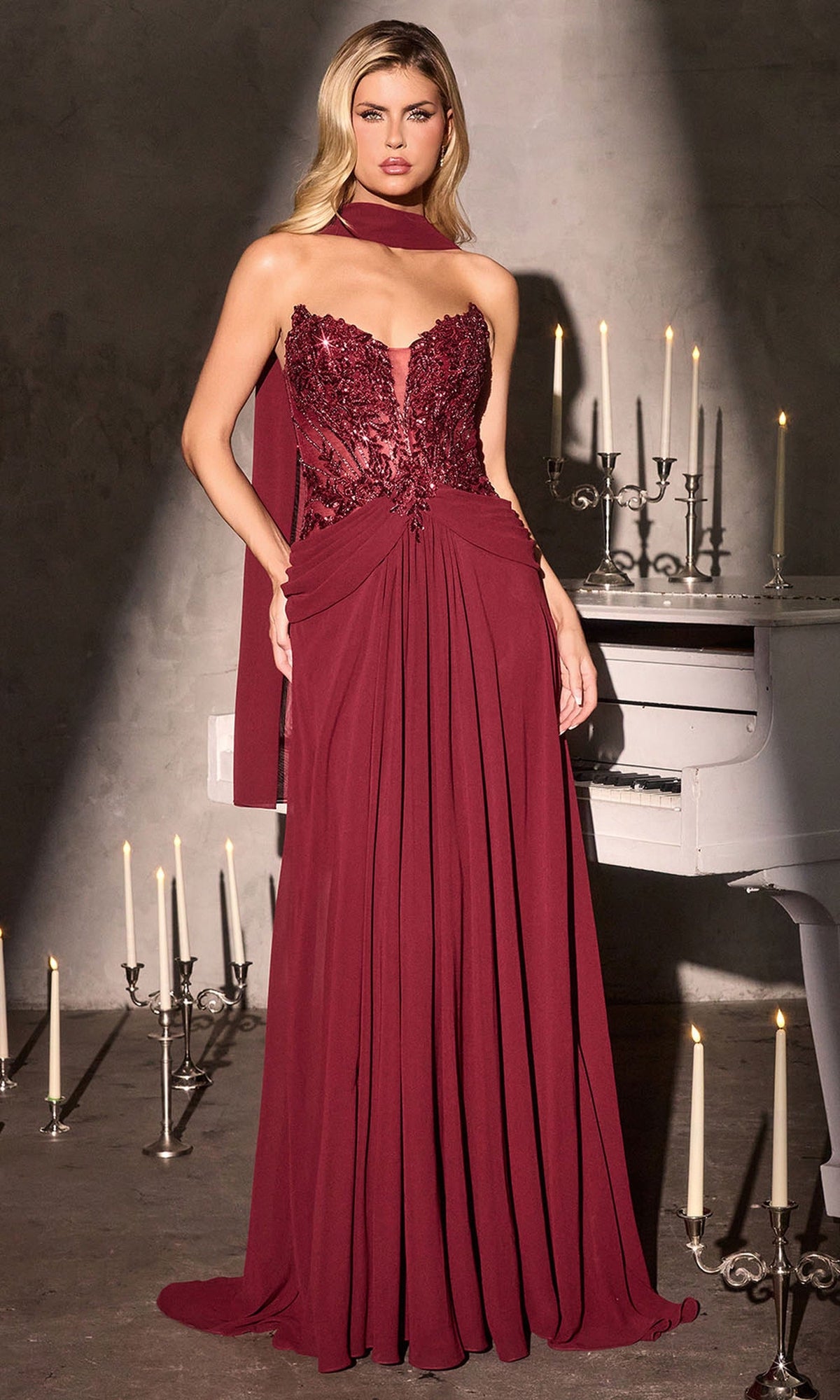 Ladivine CD673 - Plunging Embellished Draped Gown