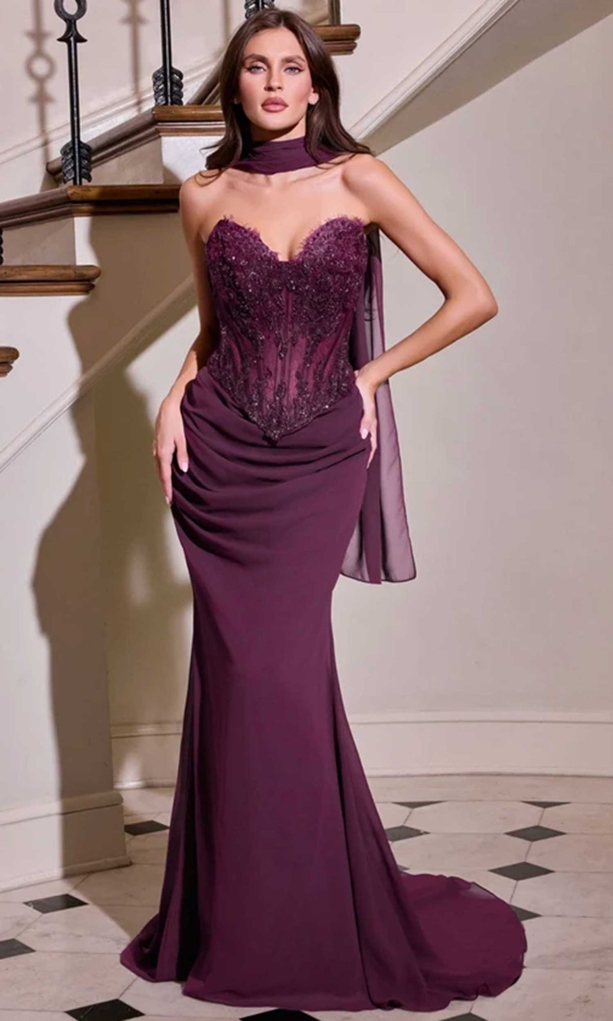Ladivine CD683 - Beaded Mesh Sweetheart Fitted Gown