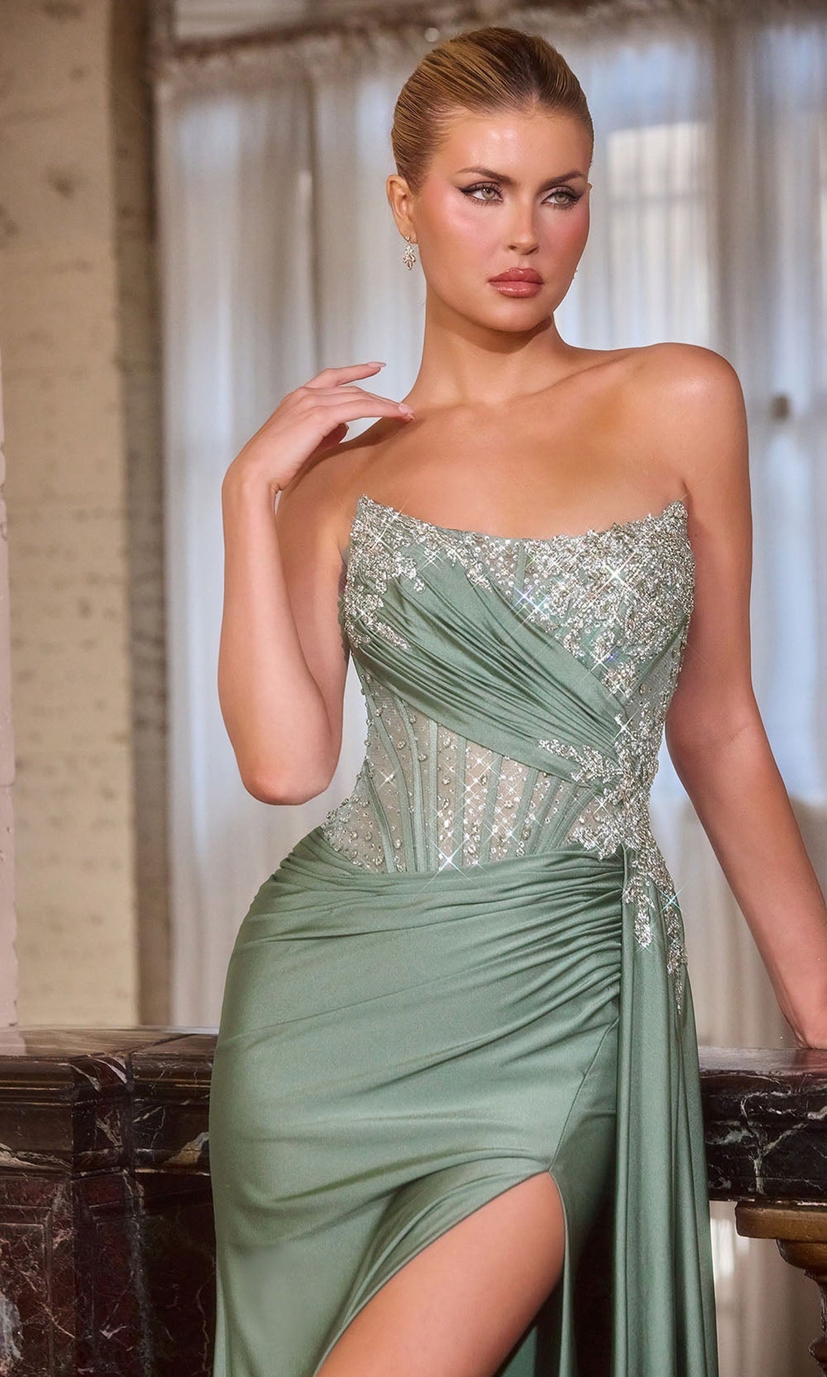 Ladivine CD689 - Beaded Ornate Scoop Satin Evening Gown