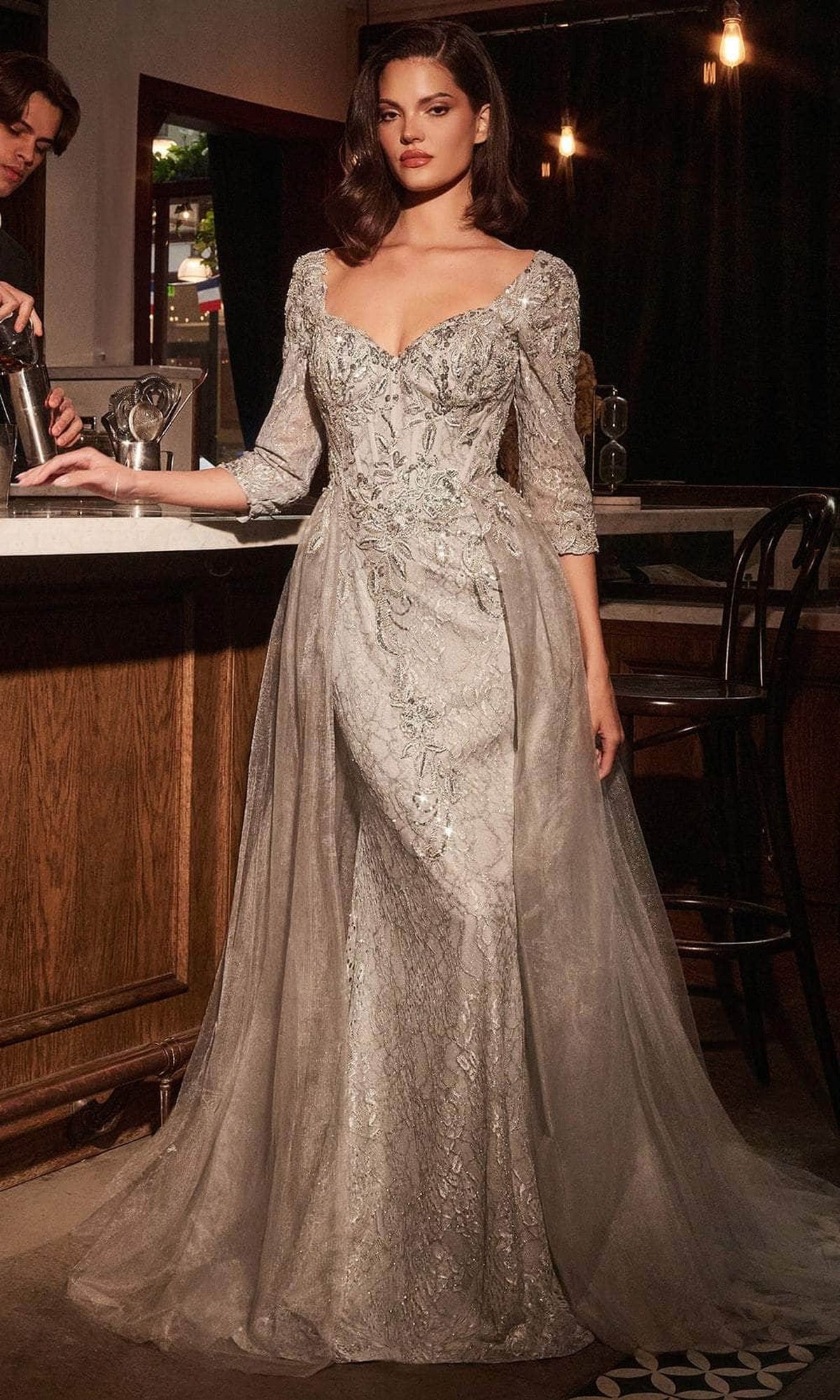 Ladivine CD749 - Quarter Sleeve Queen Anne Lace Evening Gown