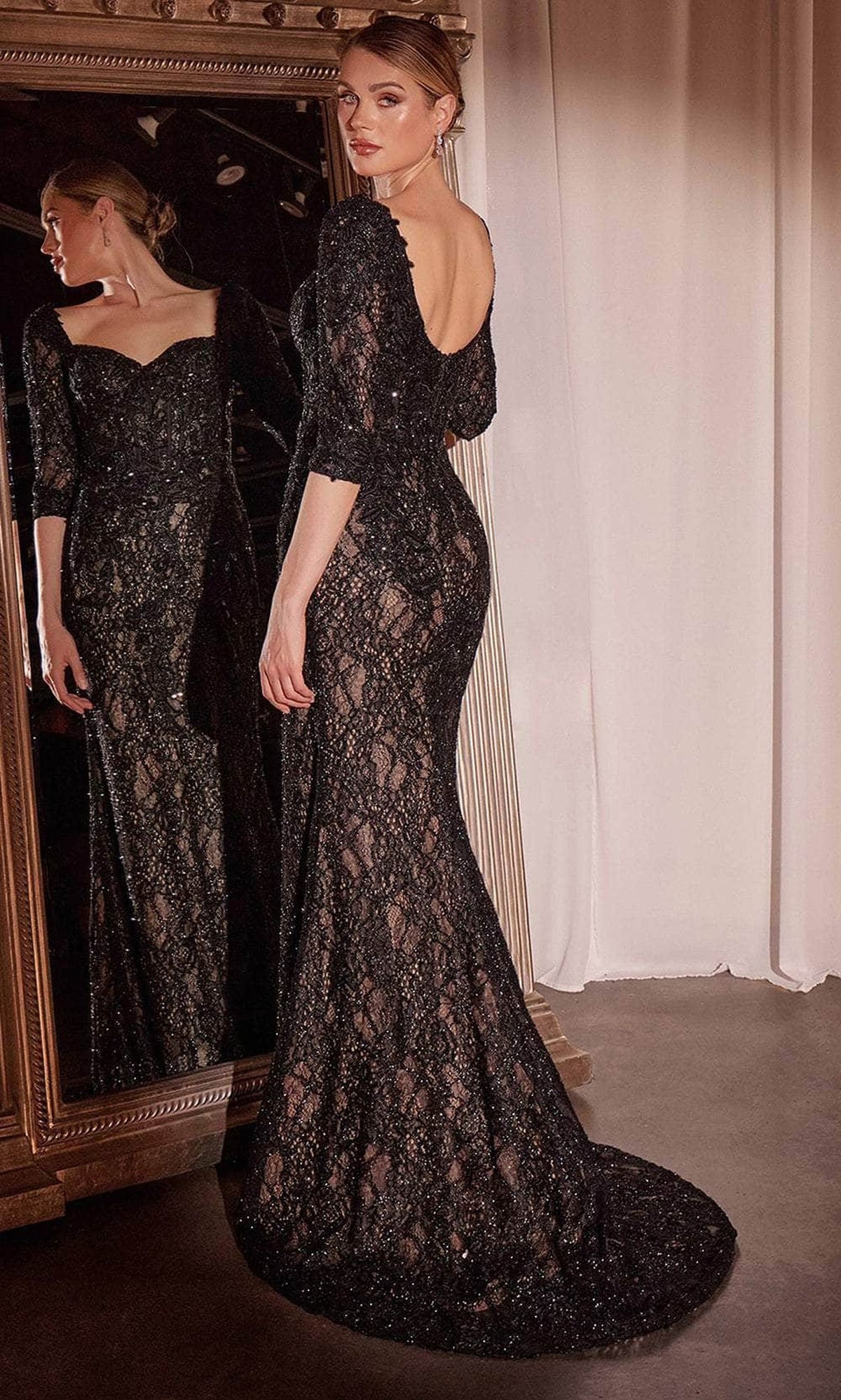 Ladivine CD749 - Quarter Sleeve Queen Anne Lace Evening Gown