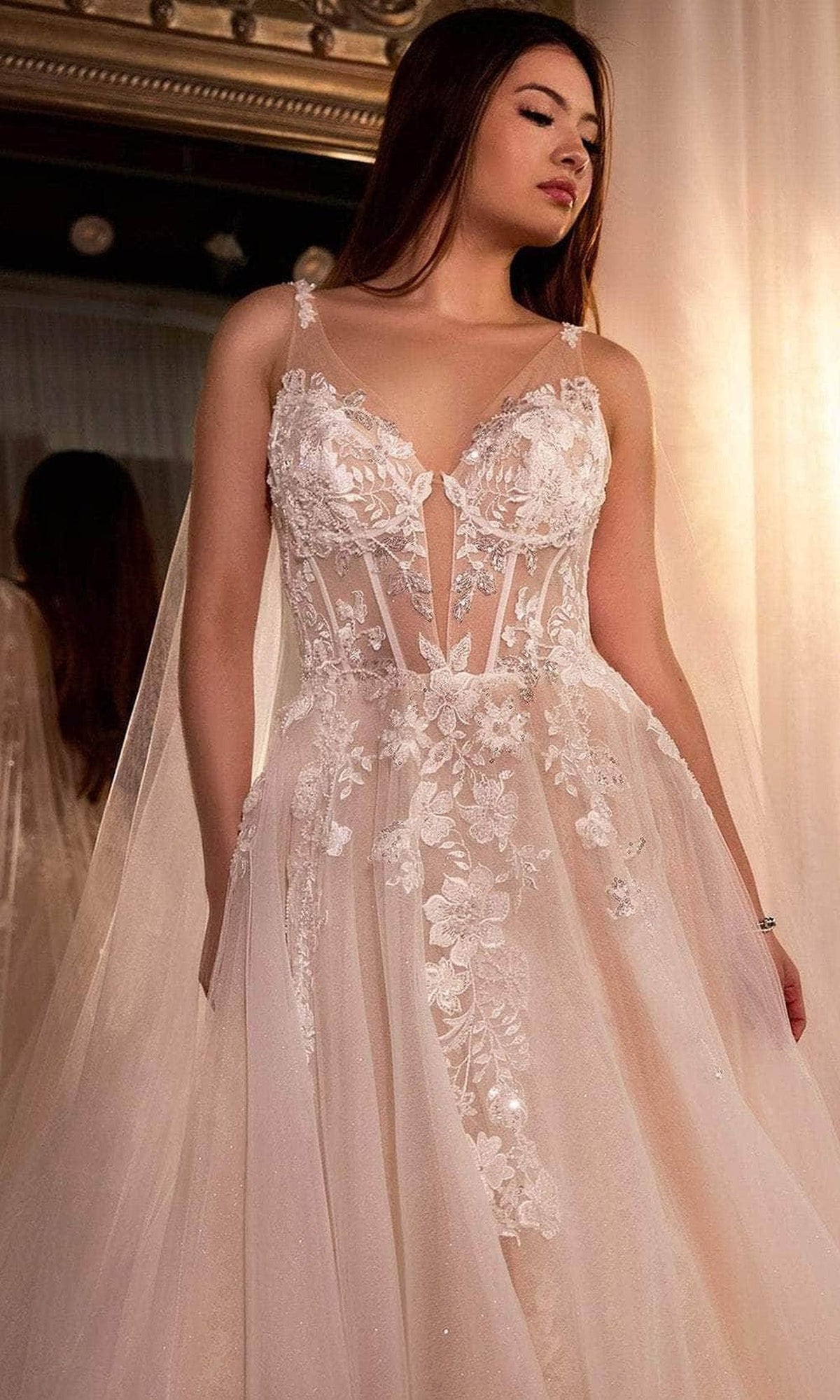 Ladivine CDS476W - Cape A-Line Bridal Gown