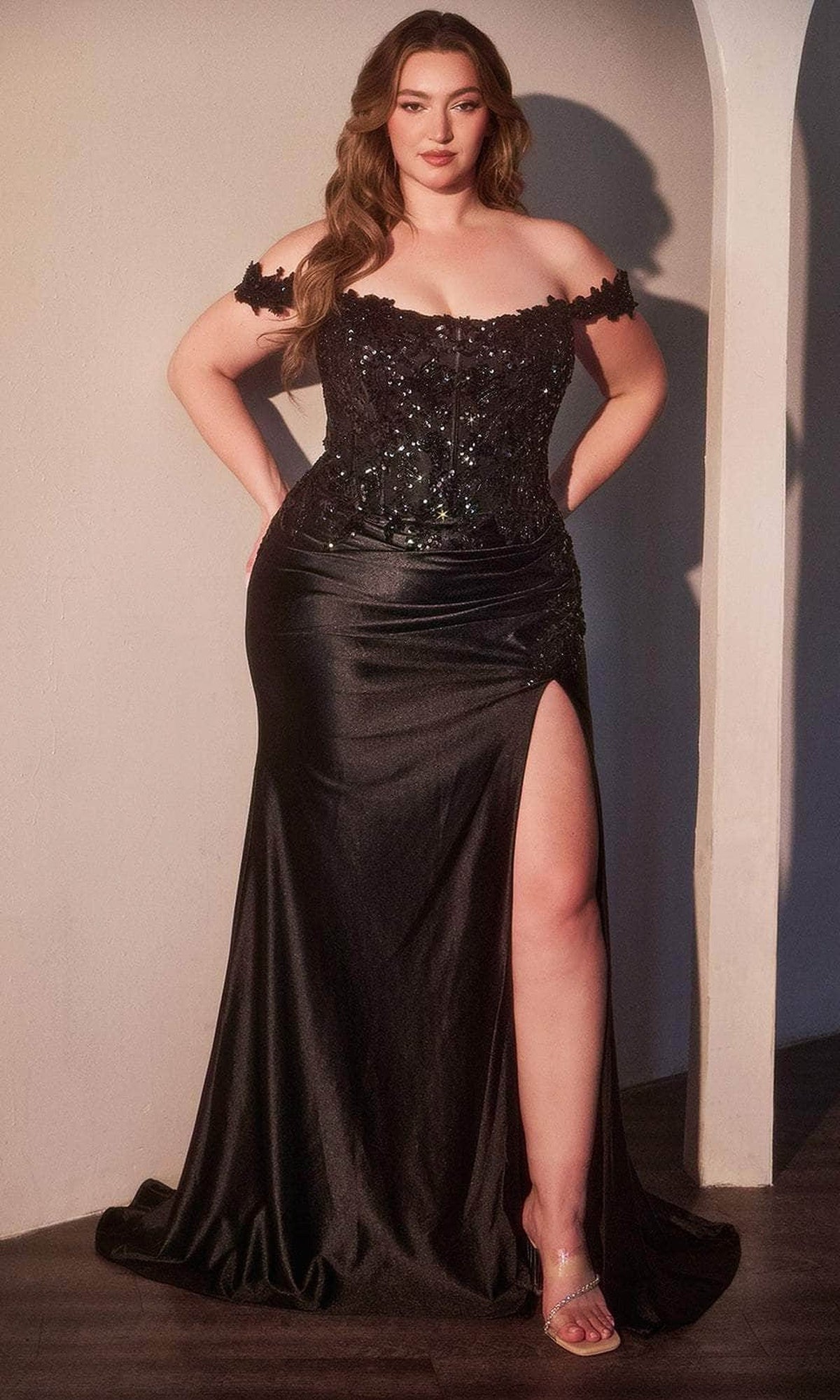 Ladivine CDS537C - Off-Shoulder Lace Applique Prom Gown