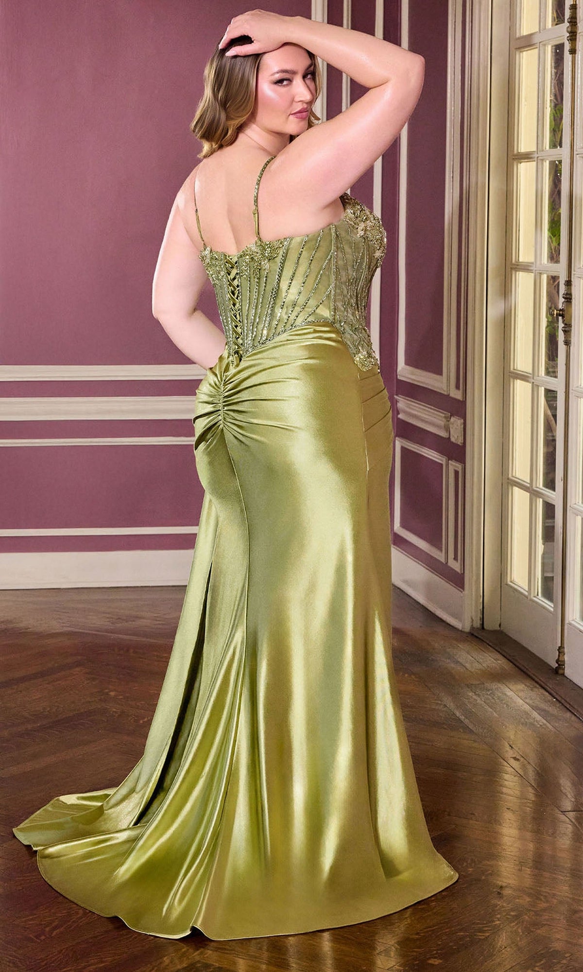 Ladivine CDS556C - Floral Beaded Sleeveless Metallic Satin Gown