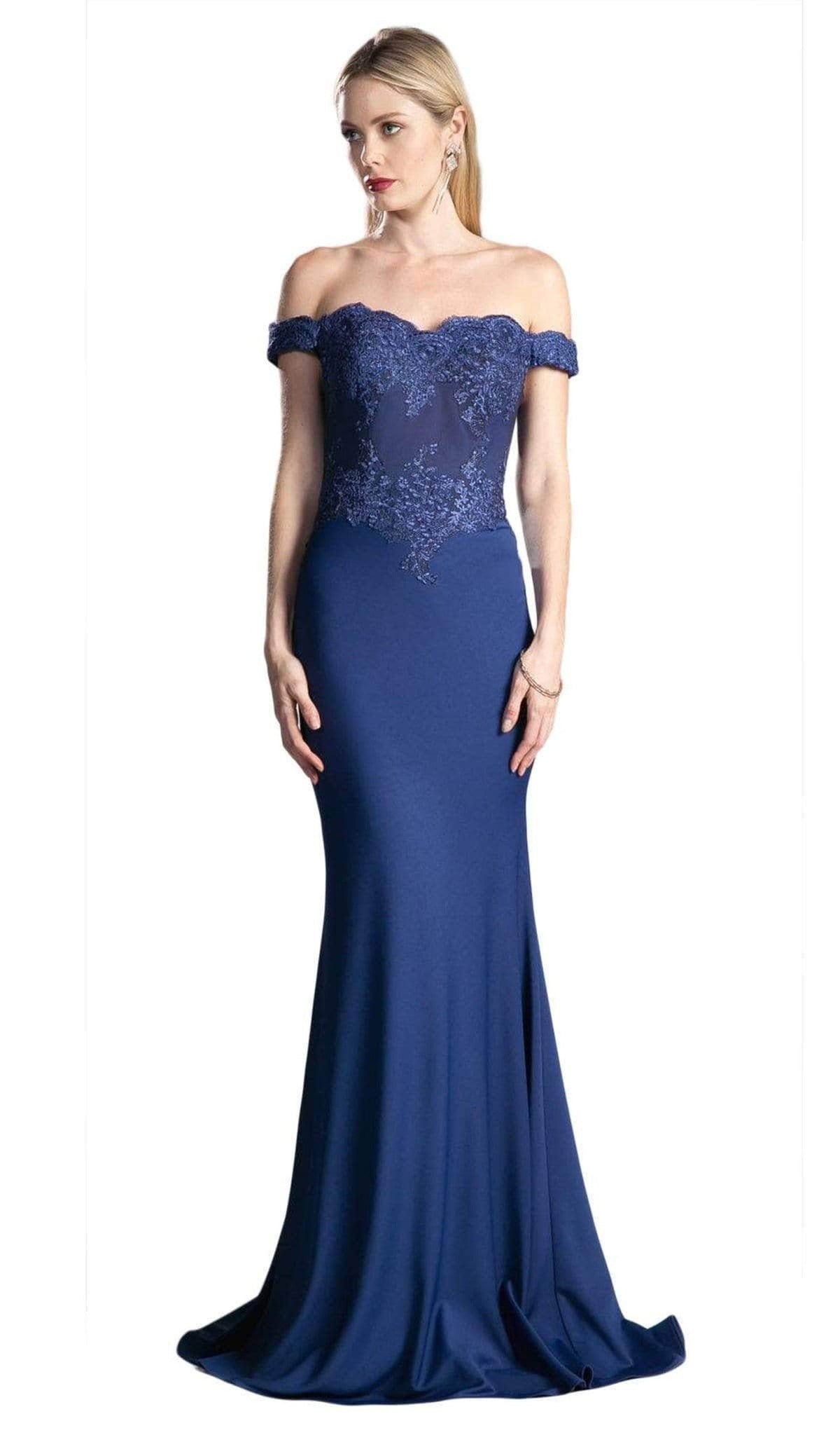 Cinderella Divine CF158 - Scalloped Trim Off-Shoulder Prom Gown