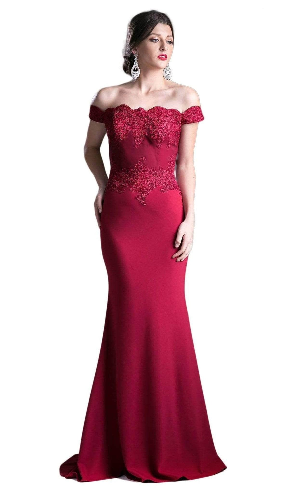 Cinderella Divine CF158 - Scalloped Trim Off-Shoulder Prom Gown