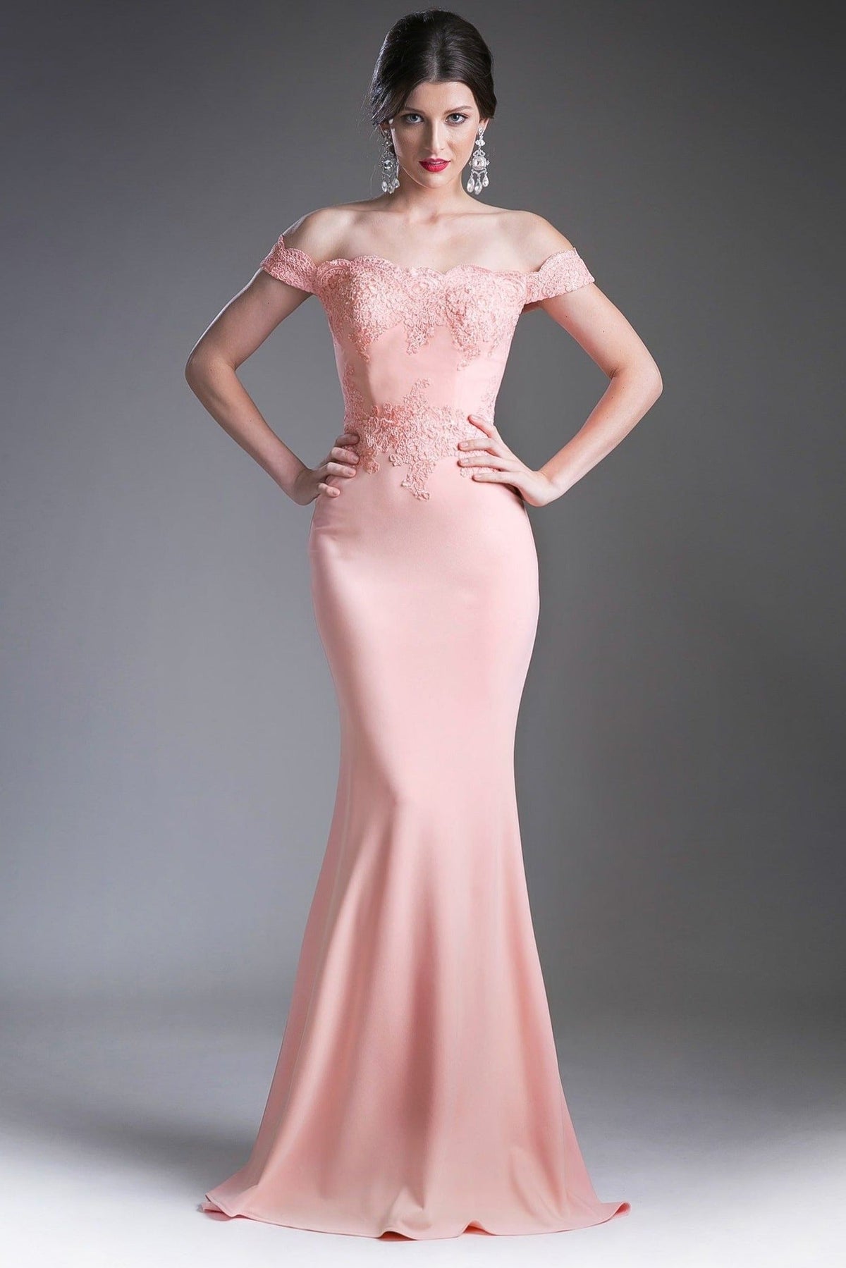 Cinderella Divine CF158 - Scalloped Trim Off-Shoulder Prom Gown