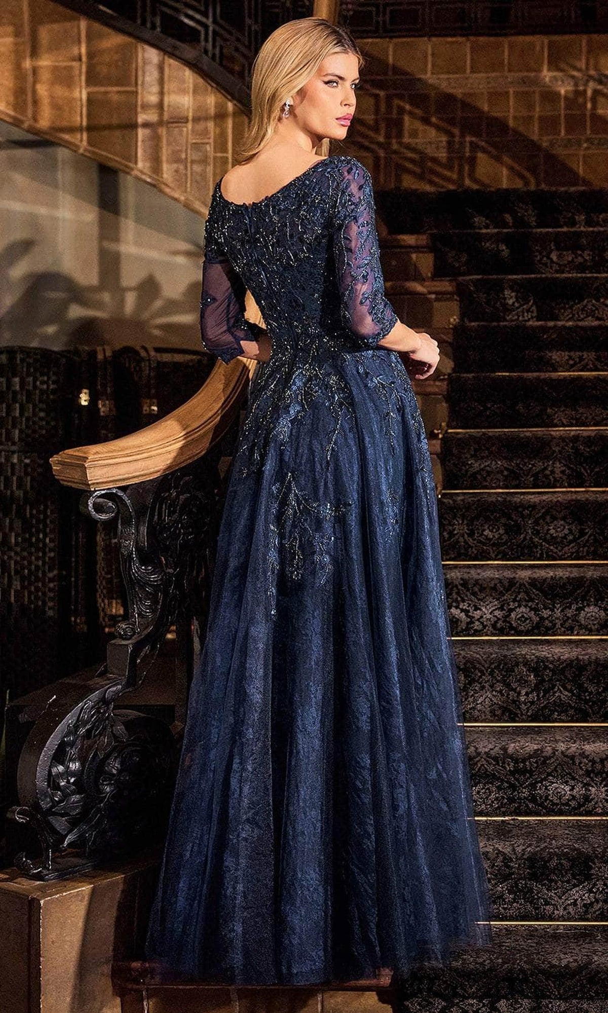 Ladivine CK2401 - Bateau Neck Embroidered Evening Gown