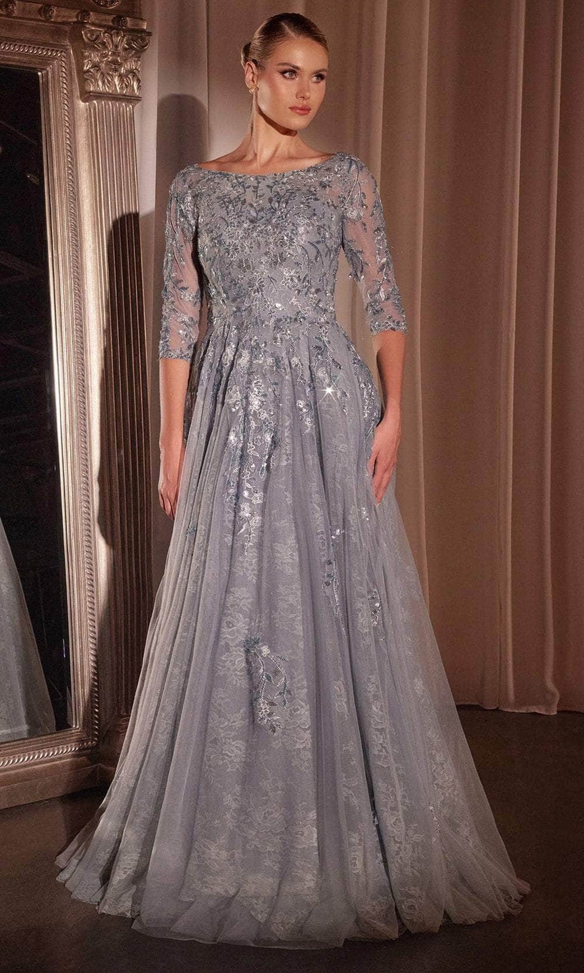 Ladivine CK2401 - Bateau Neck Embroidered Evening Gown