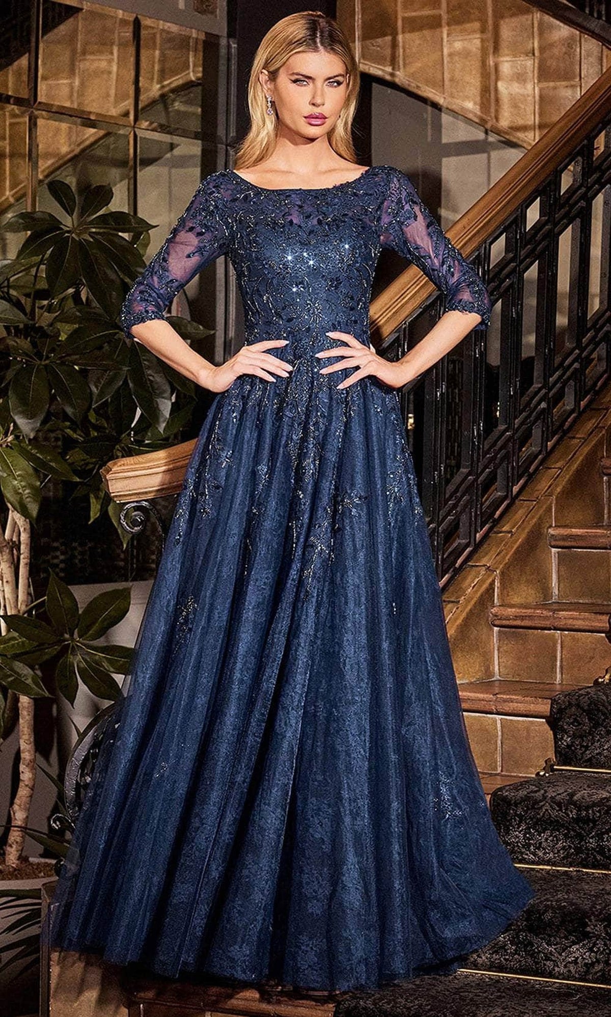 Ladivine CK2401 - Bateau Neck Embroidered Evening Gown