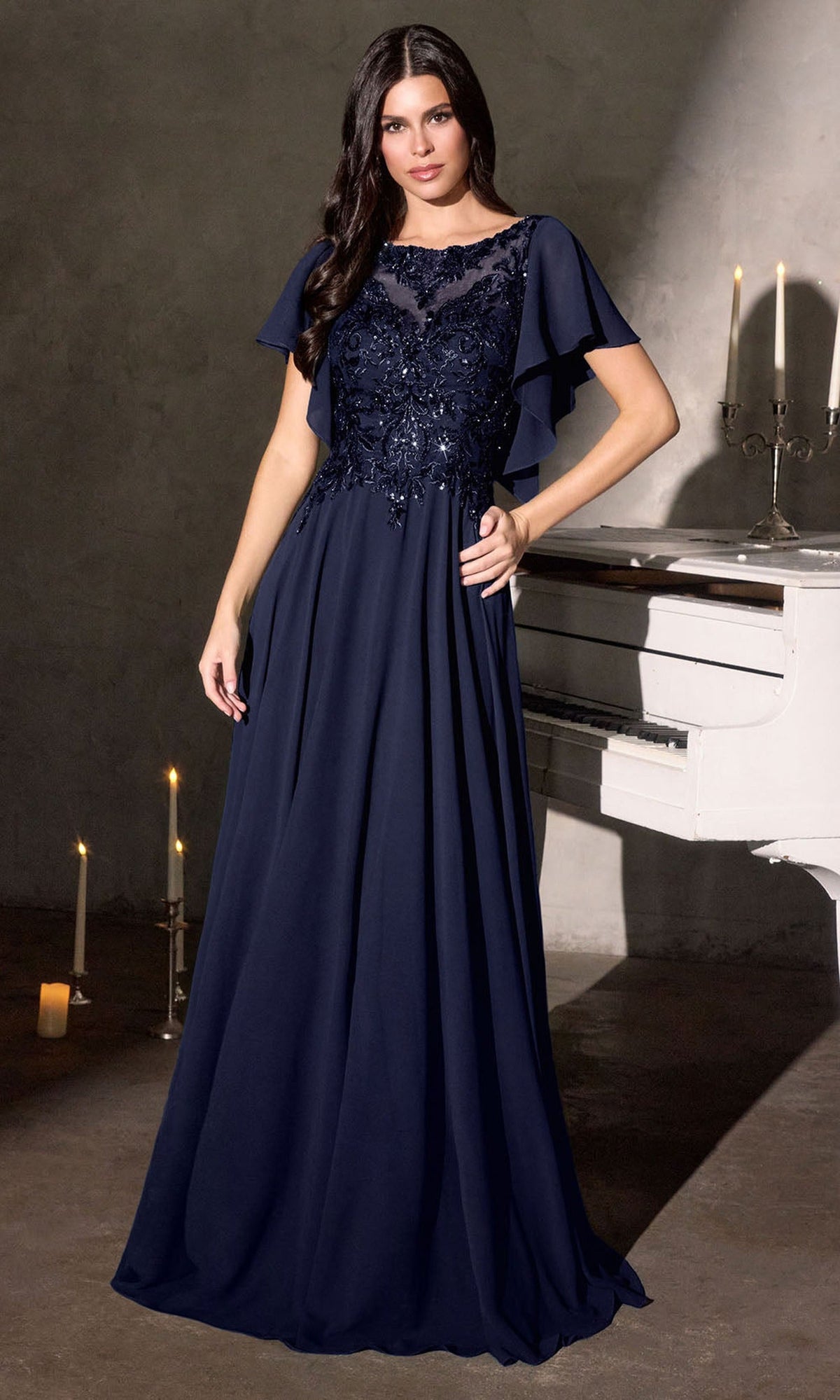 Ladivine CL09 - Beaded Illusion Flutter Sleeve Formal Gown