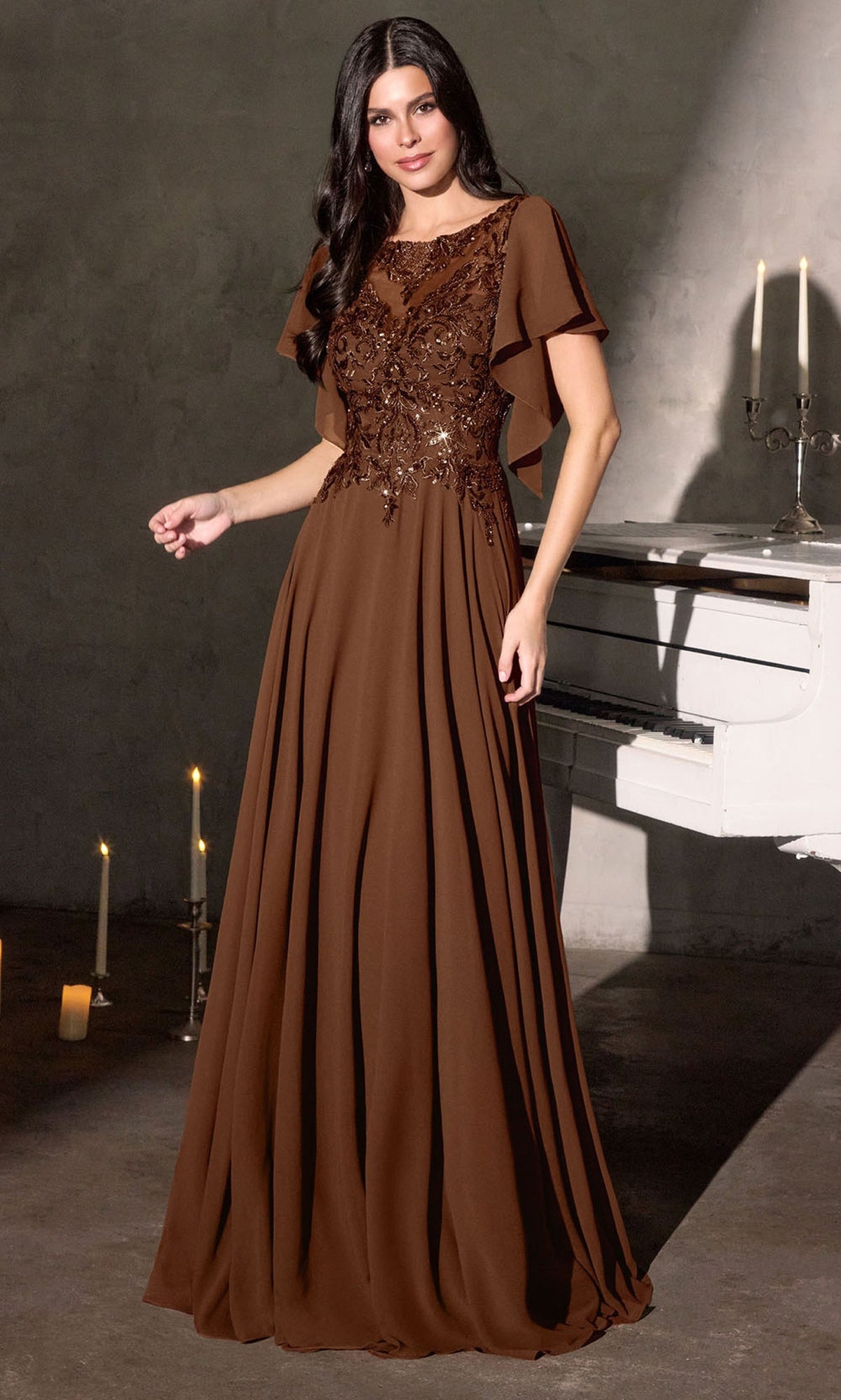 Ladivine CL09 - Beaded Illusion Flutter Sleeve Formal Gown
