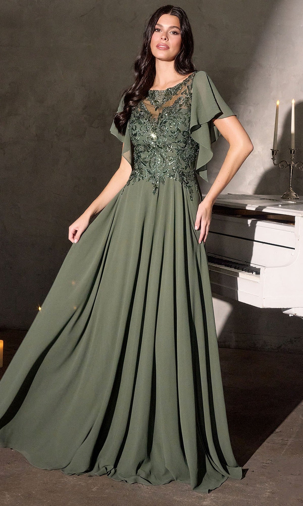 Ladivine CL09 - Beaded Illusion Flutter Sleeve Formal Gown