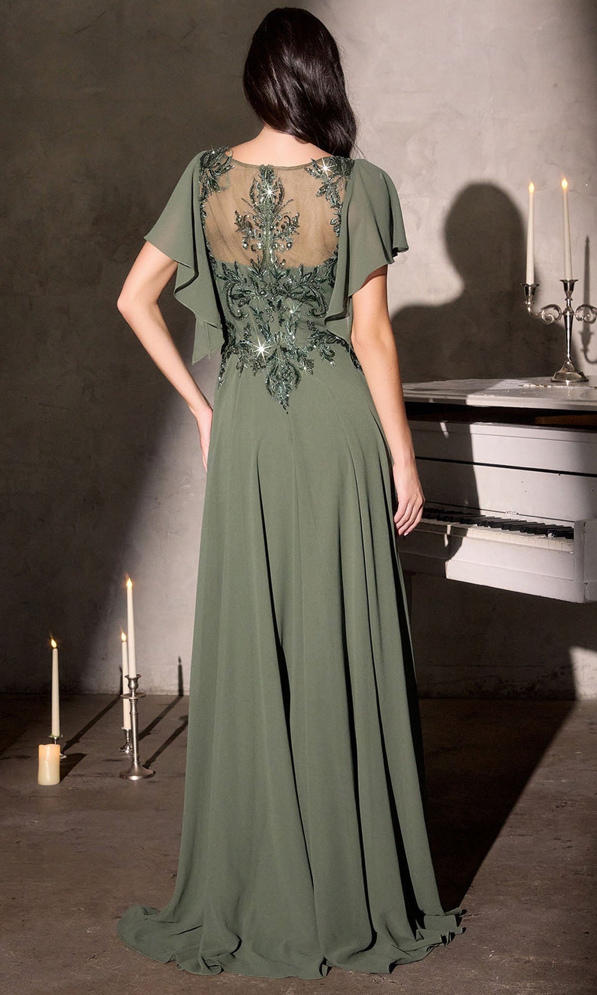 Ladivine CL09 - Beaded Illusion Flutter Sleeve Formal Gown