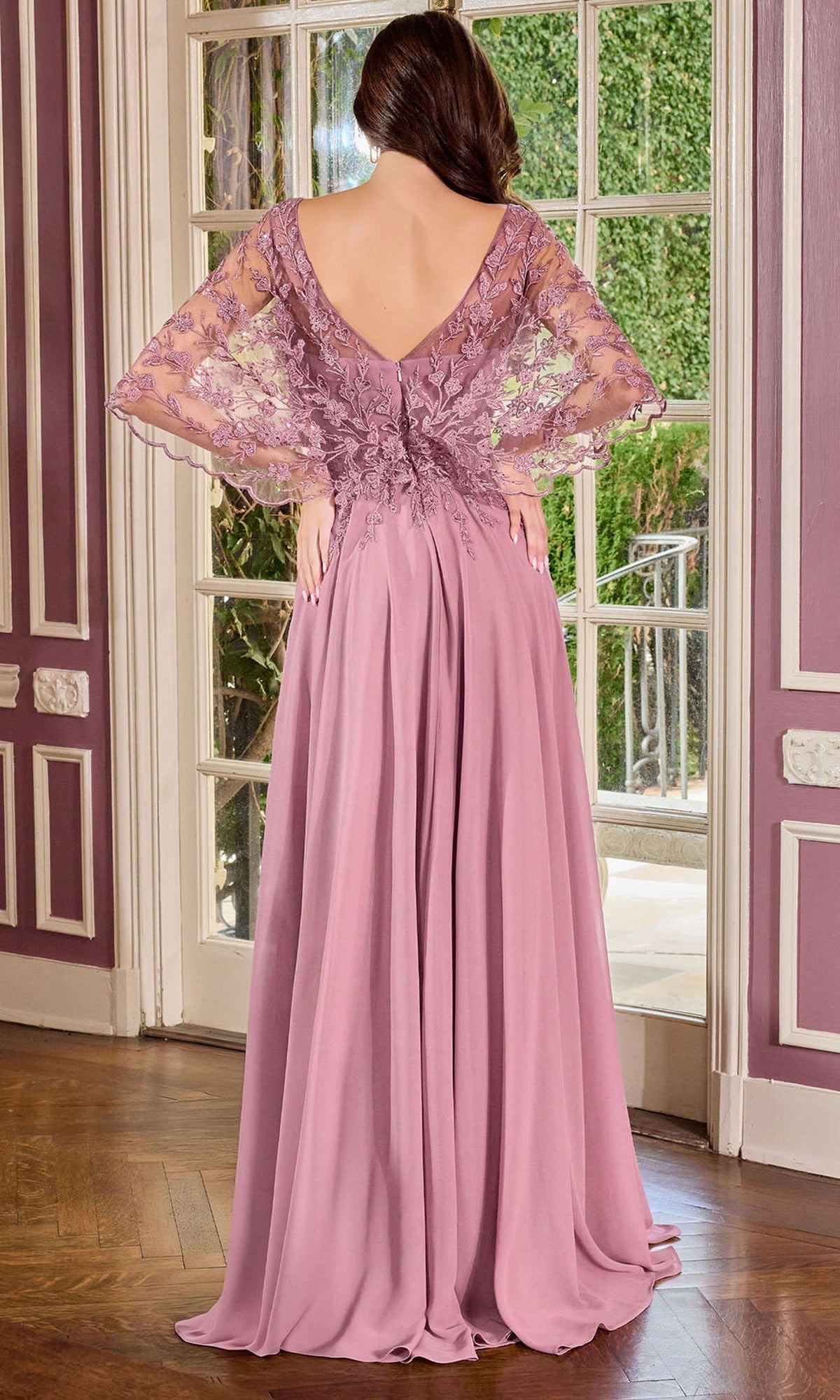 Ladivine CL10 - Embroidered Cape Sleeve A-Line Formal Gown