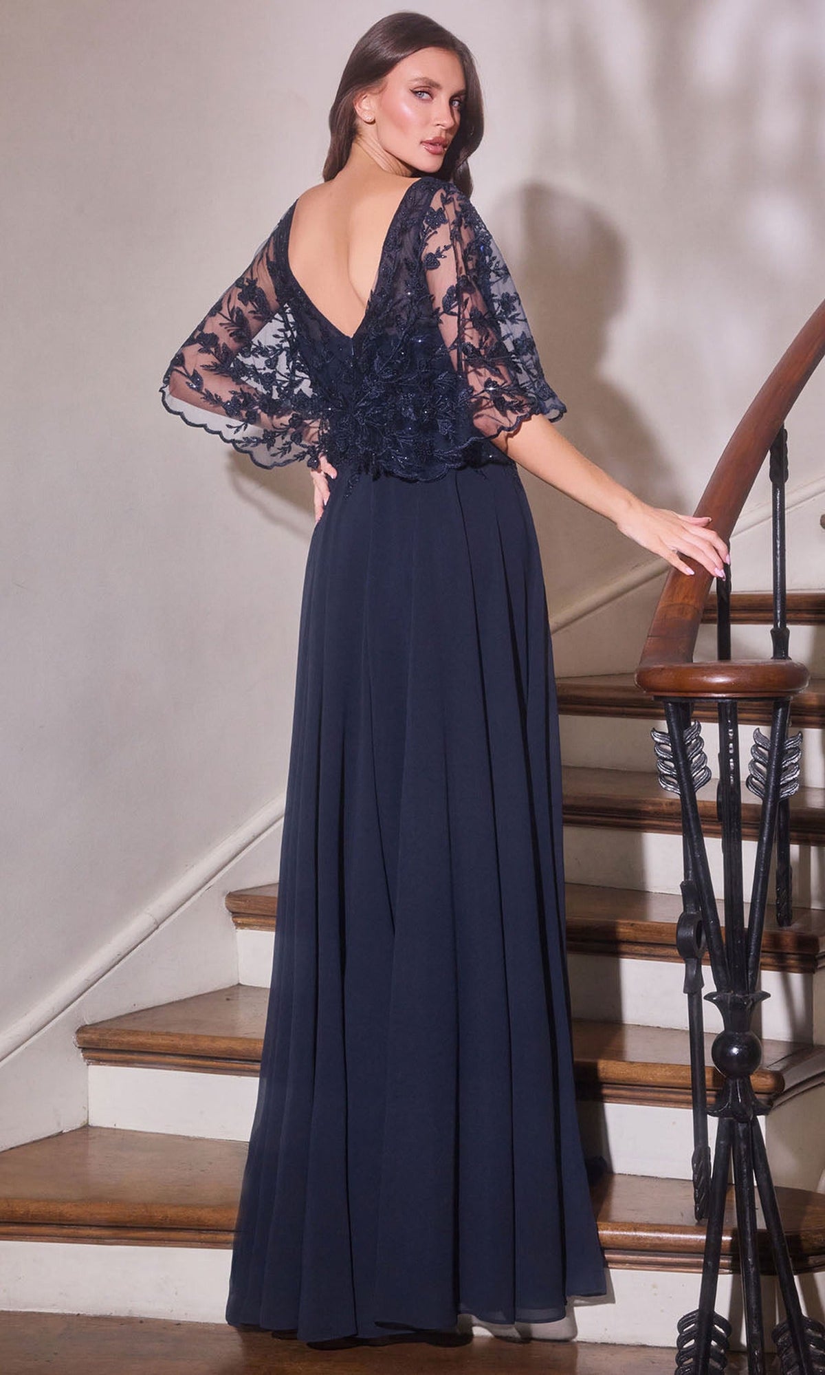 Ladivine CL10 - Embroidered Cape Sleeve A-Line Formal Gown