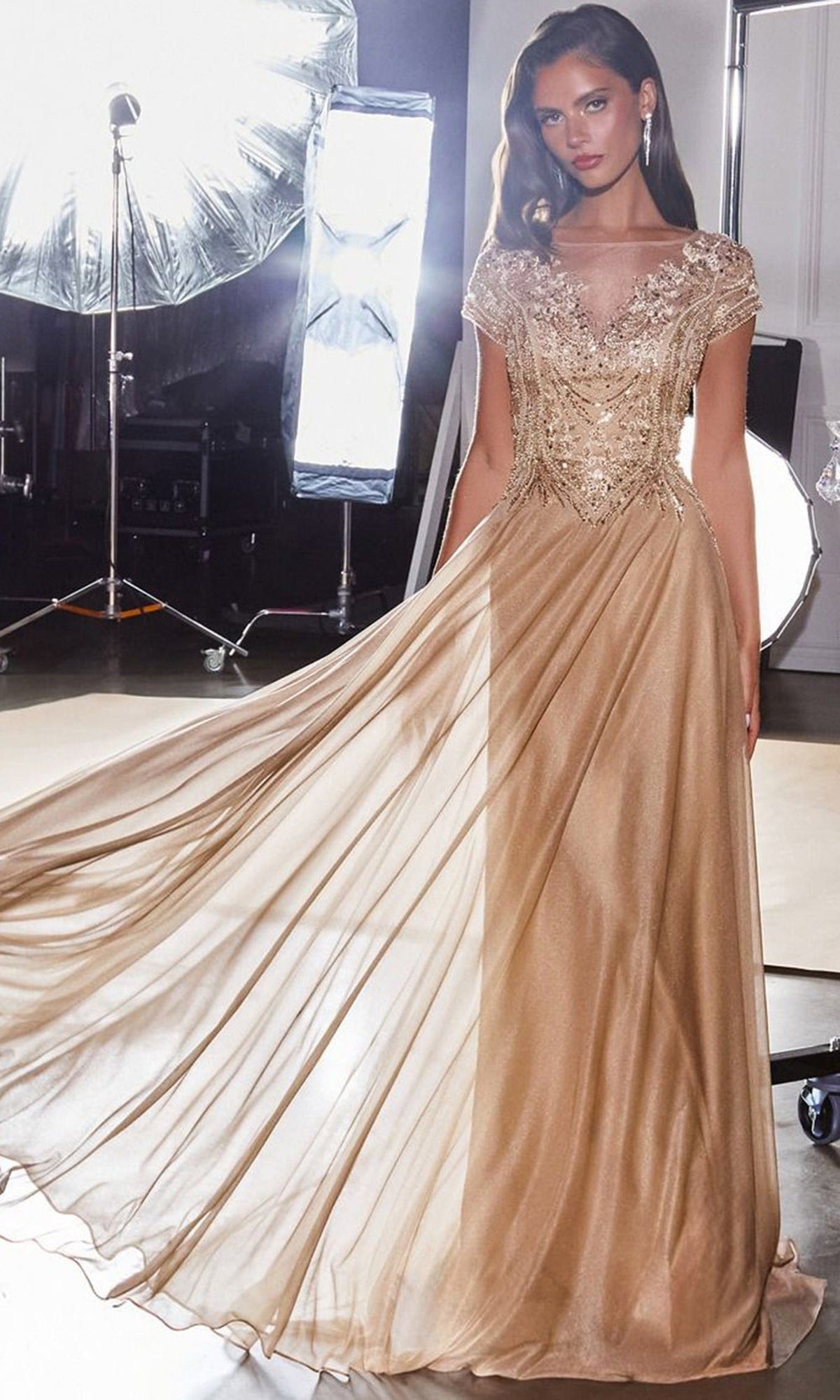 Ladivine CL11 - Cap Sleeve A-Line Formal Dress with Beaded Top