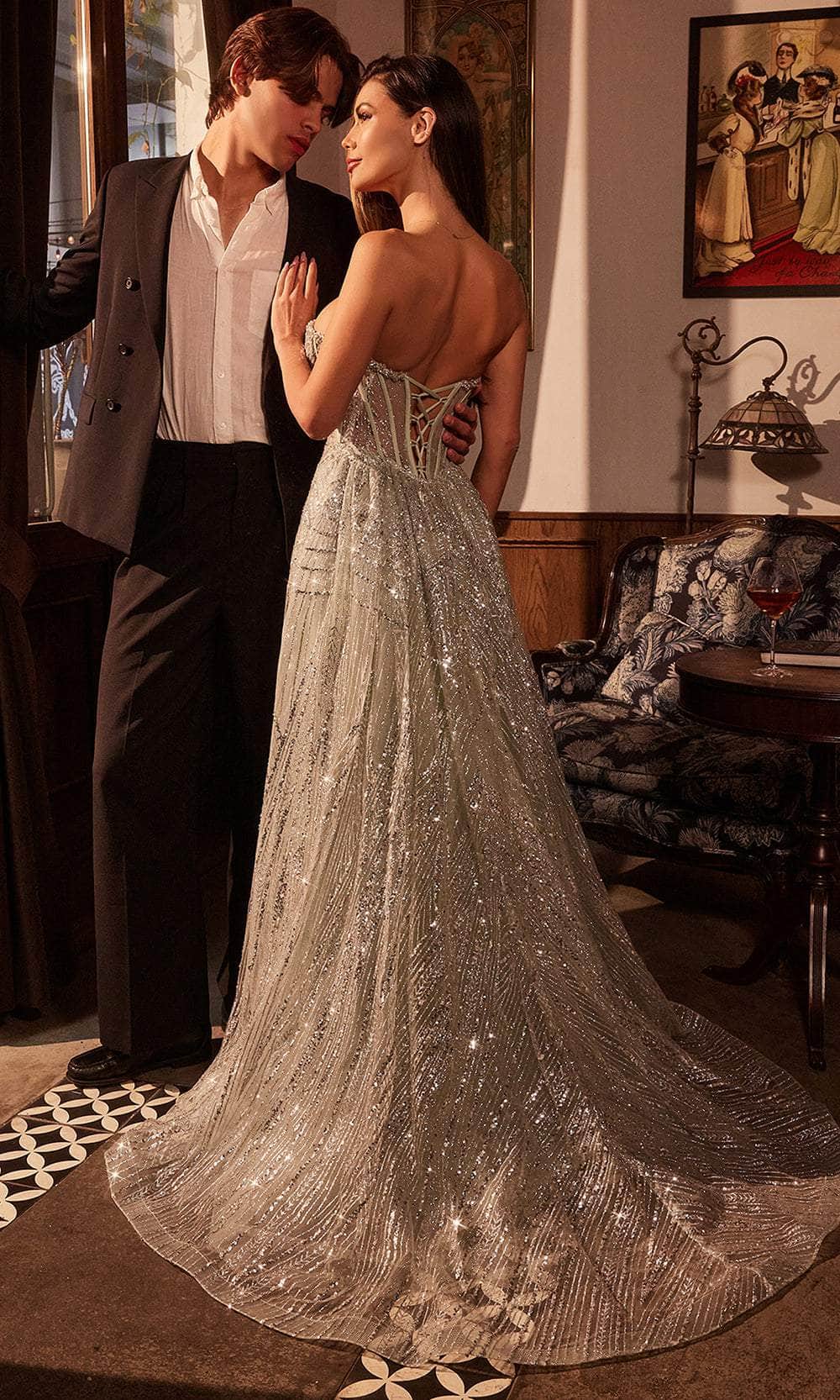 Ladivine CM384 - Rhinestone-Embellished Strapless Prom Gown