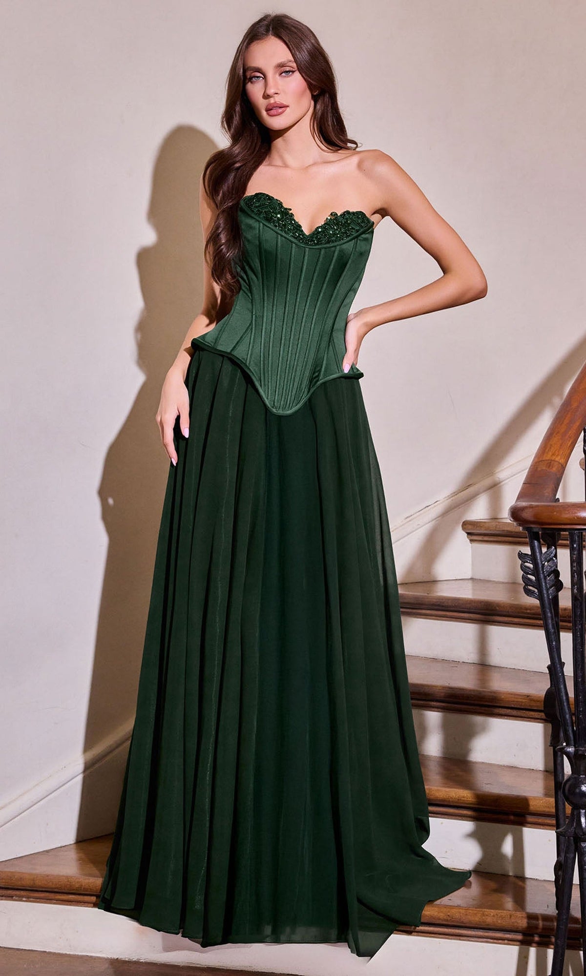 Ladivine J891 - Strapless Corset A-Line Gown with Scarf Detail