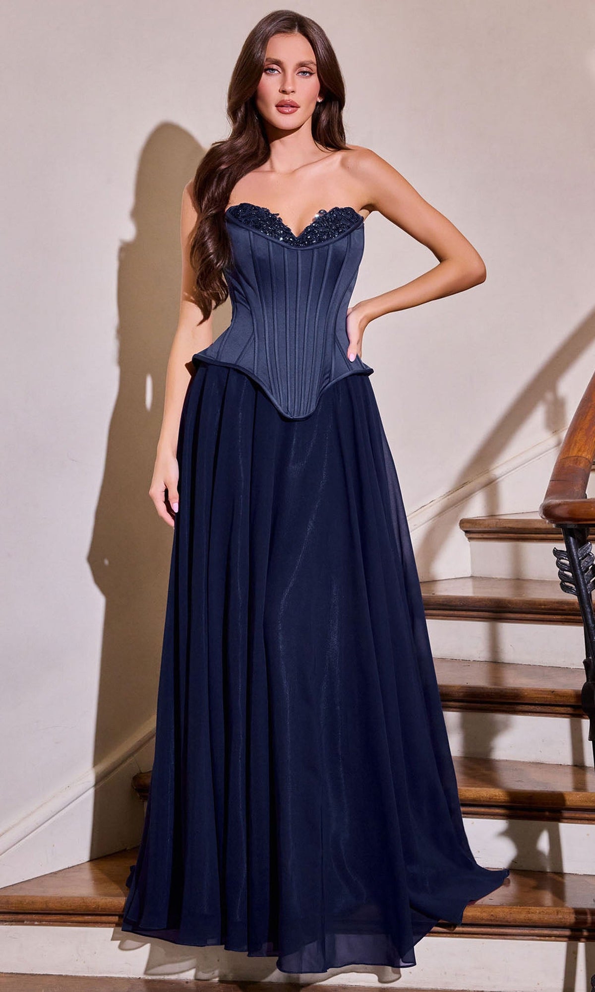 Ladivine J891 - Strapless Corset A-Line Gown with Scarf Detail