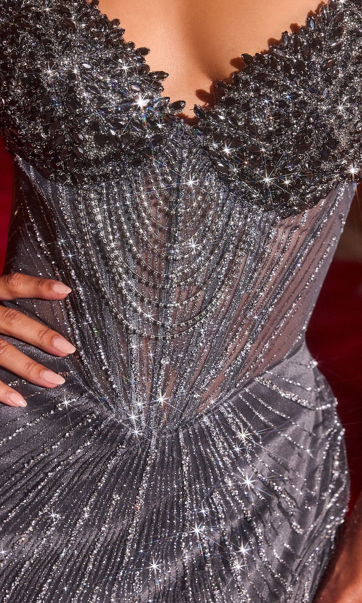 Ladivine J903 - Crystal Encrusted Basque Sheath Gown