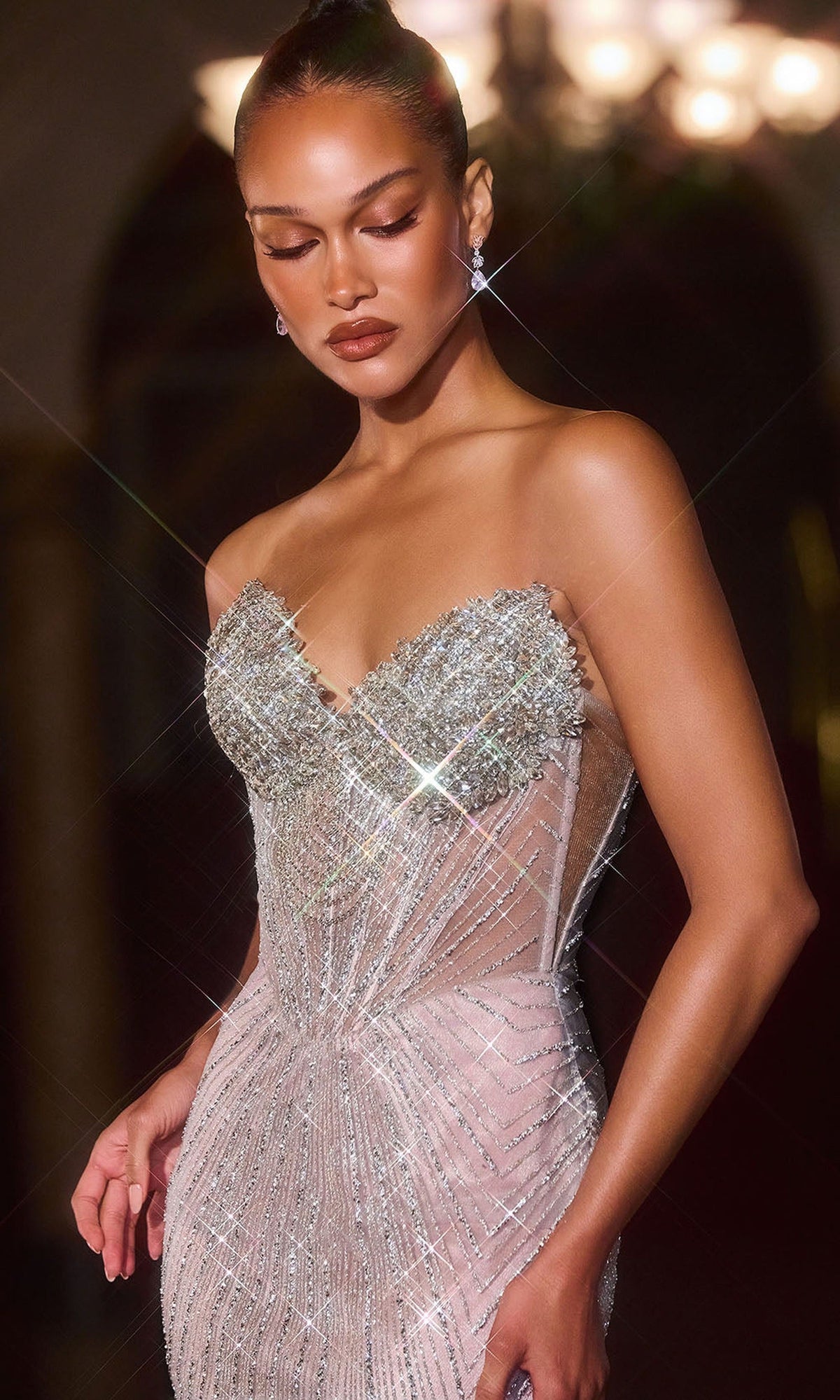 Ladivine J903 - Crystal Encrusted Basque Sheath Gown