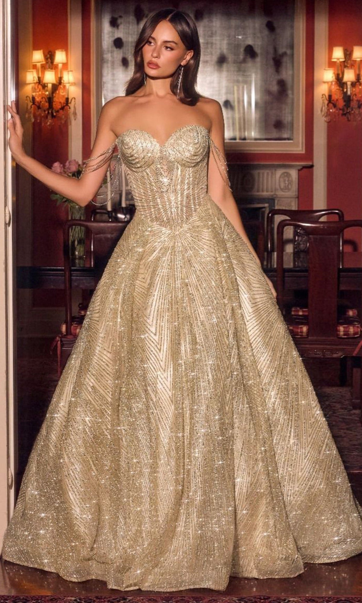 Ladivine J915 - Beaded Sweetheart Glitter Tulle Prom Gown