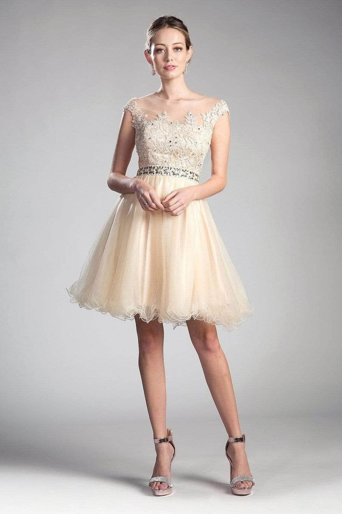 Ladivine UJ0012 - Illusion Shoulders Ruffled Hem Short Dress
