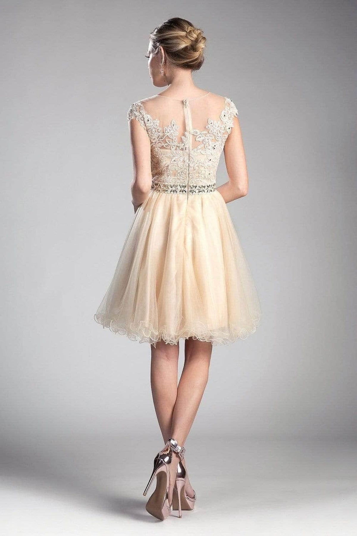 Ladivine UJ0012 - Illusion Shoulders Ruffled Hem Short Dress