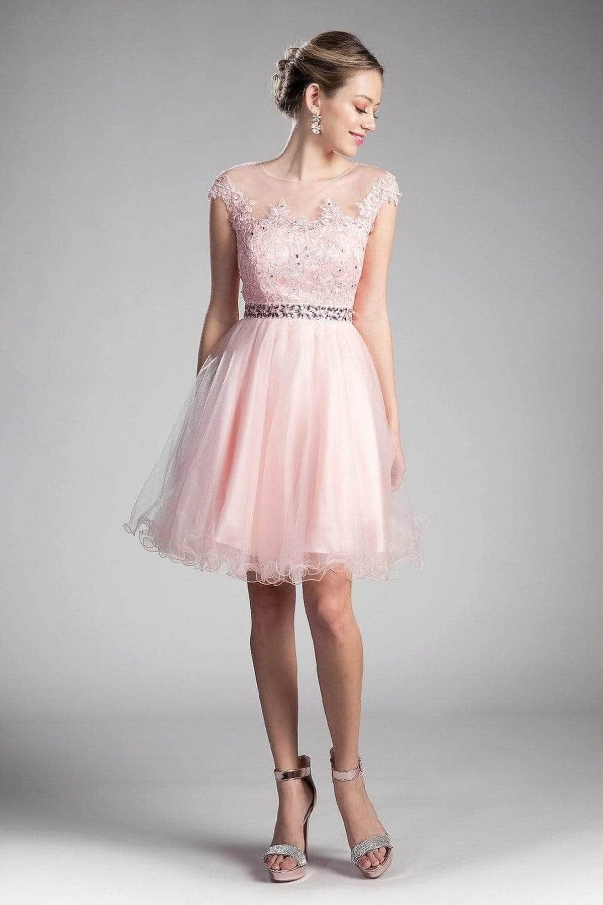 Ladivine UJ0012 - Illusion Shoulders Ruffled Hem Short Dress