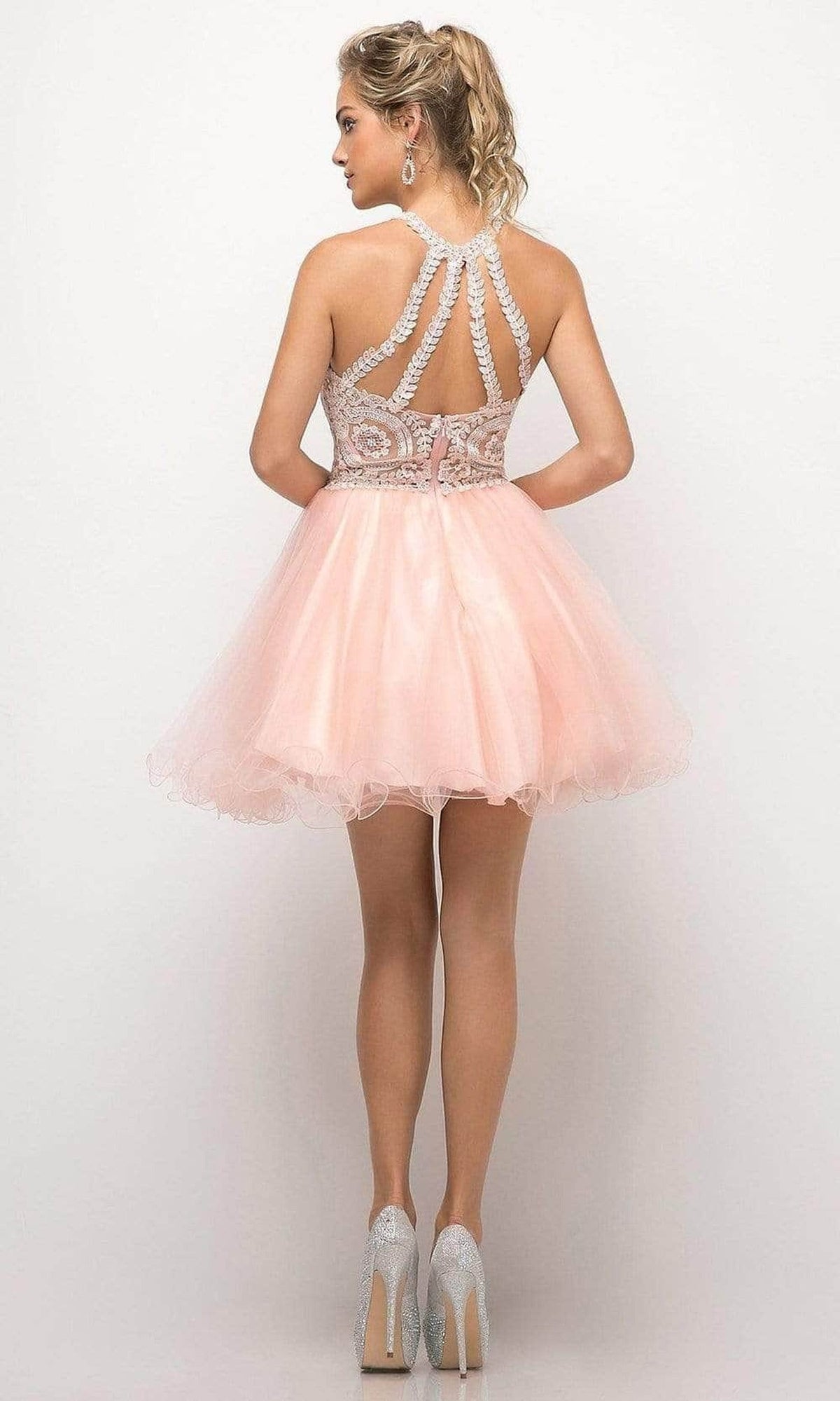Ladivine UJ0119 - Lace Appliqued Strappy Back Short Dress
