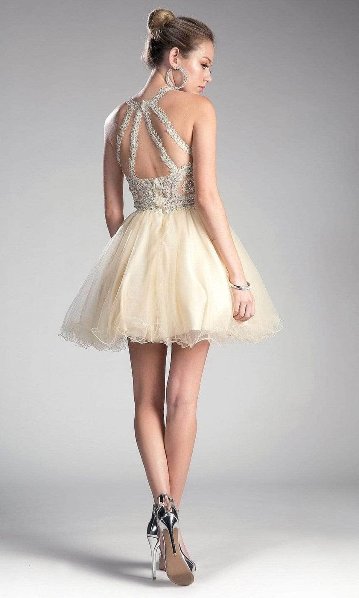 Ladivine UJ0119 - Lace Appliqued Strappy Back Short Dress