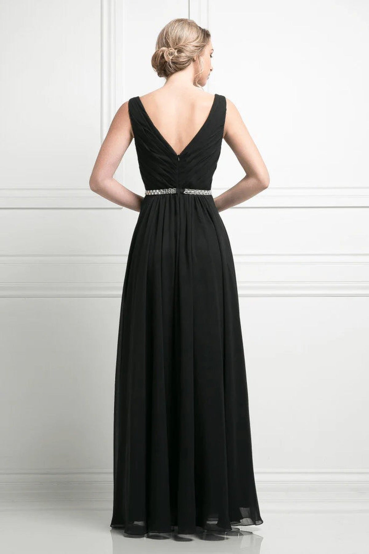Ladivine W0014 - Pleated V-Neck Bodice A-Line Gown