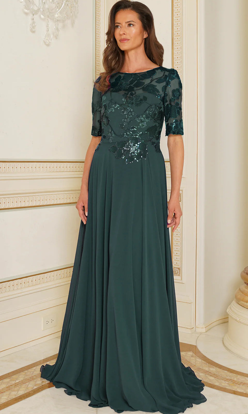 Marsoni by Colors - M286 Sequined Bateau Chiffon A-line Dress - Silhouette Dresses