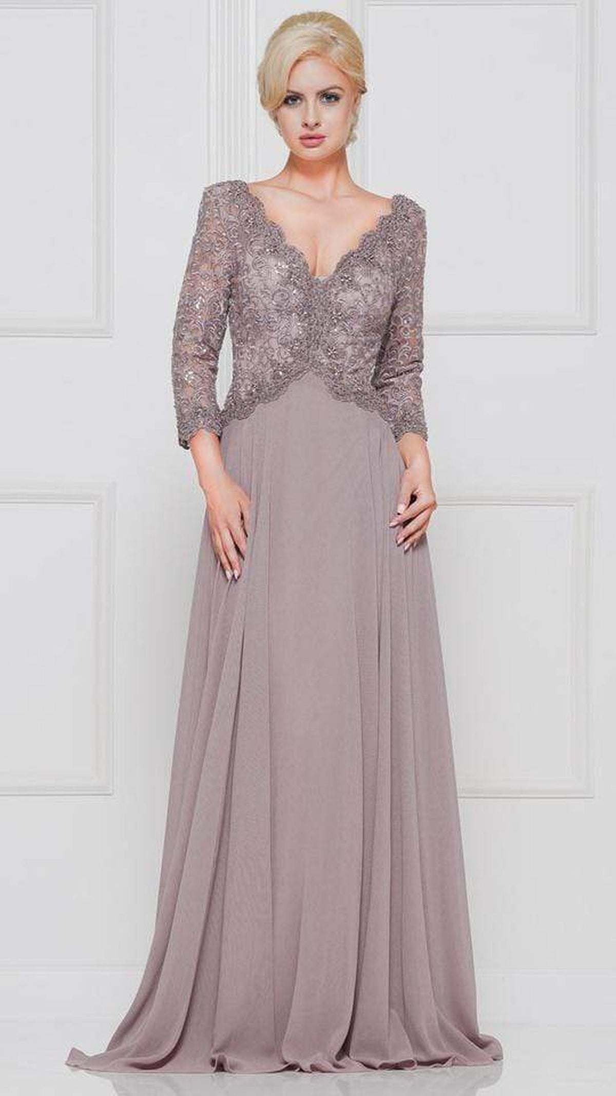 Marsoni by Colors - M225 Quarter Sleeve Scalloped Lace Gown