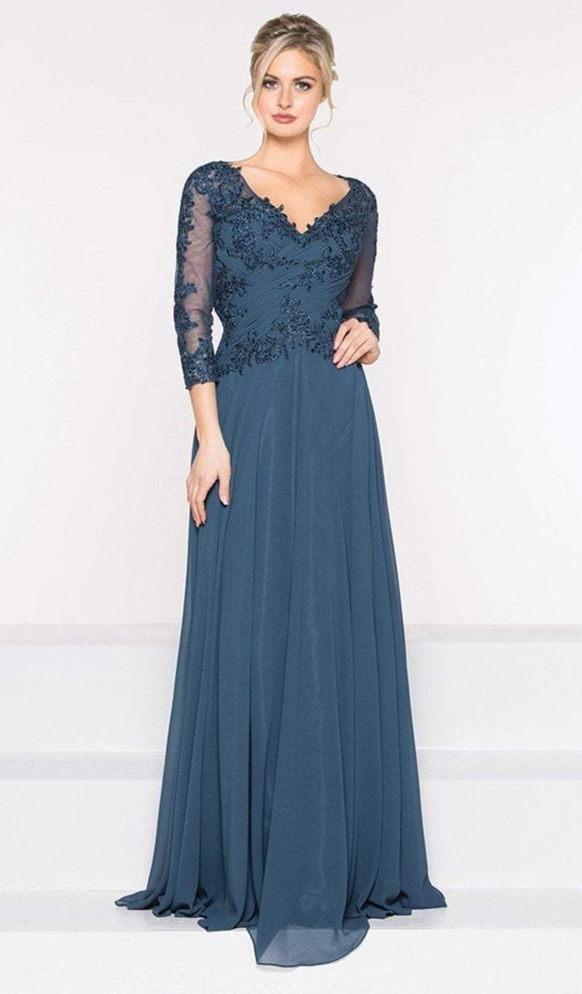 Marsoni by Colors - M237 V-Neck Beaded Lace Applique Chiffon Dress
