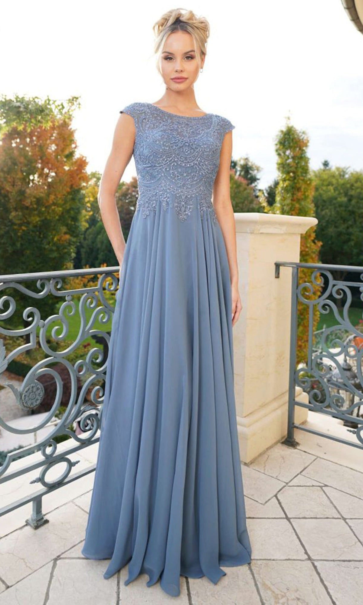 Marsoni by Colors - M238 Beaded Applique A Line Chiffon Dress