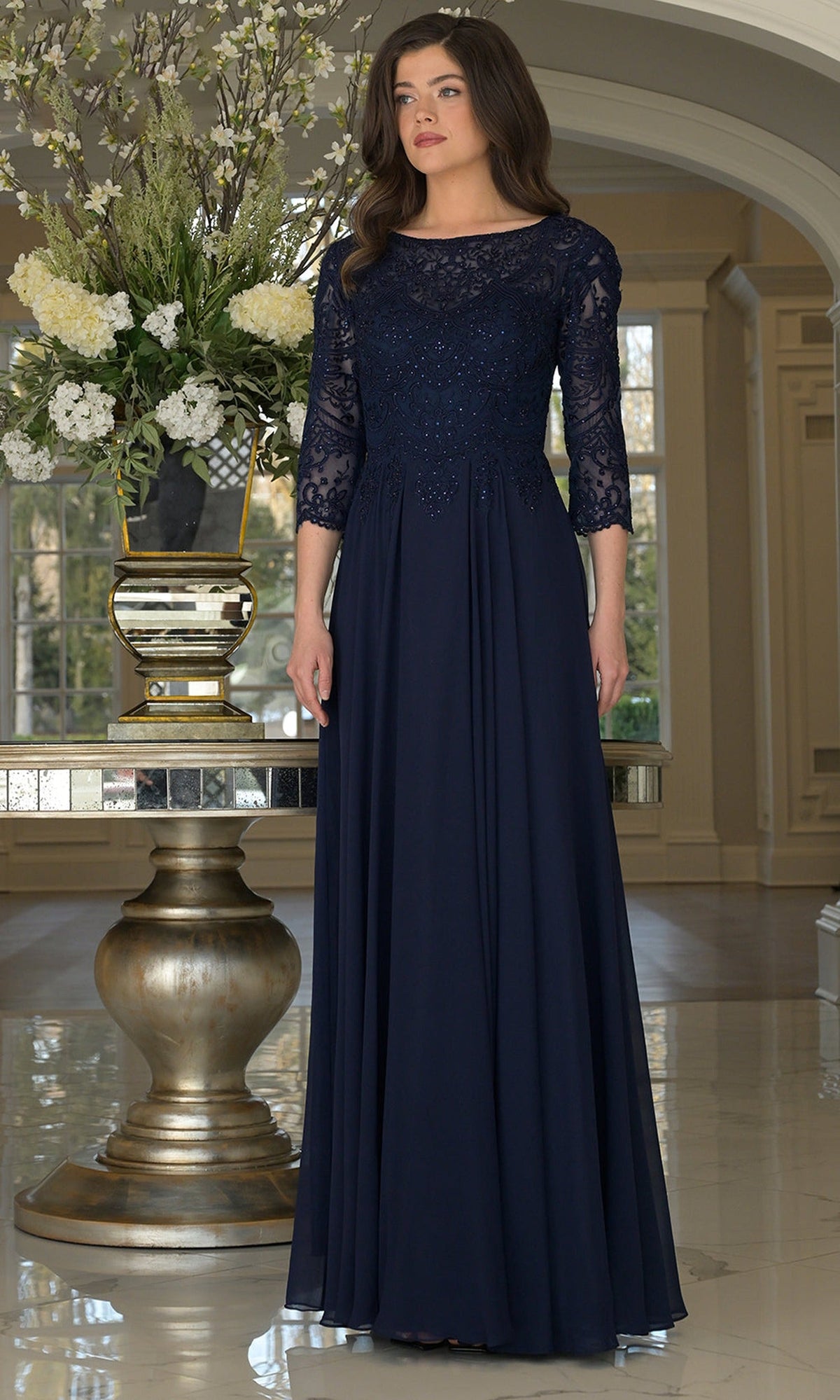 Marsoni by Colors M238SL-1 - Three Quarter Sleeve Lace Bodice Gown