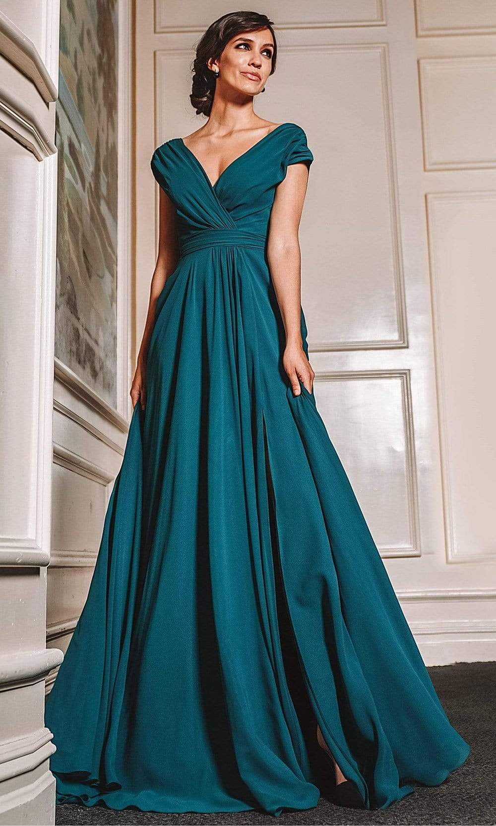 Marsoni by Colors - M251 Gathered V Neck Off Shoulder A-Line Gown - back view
