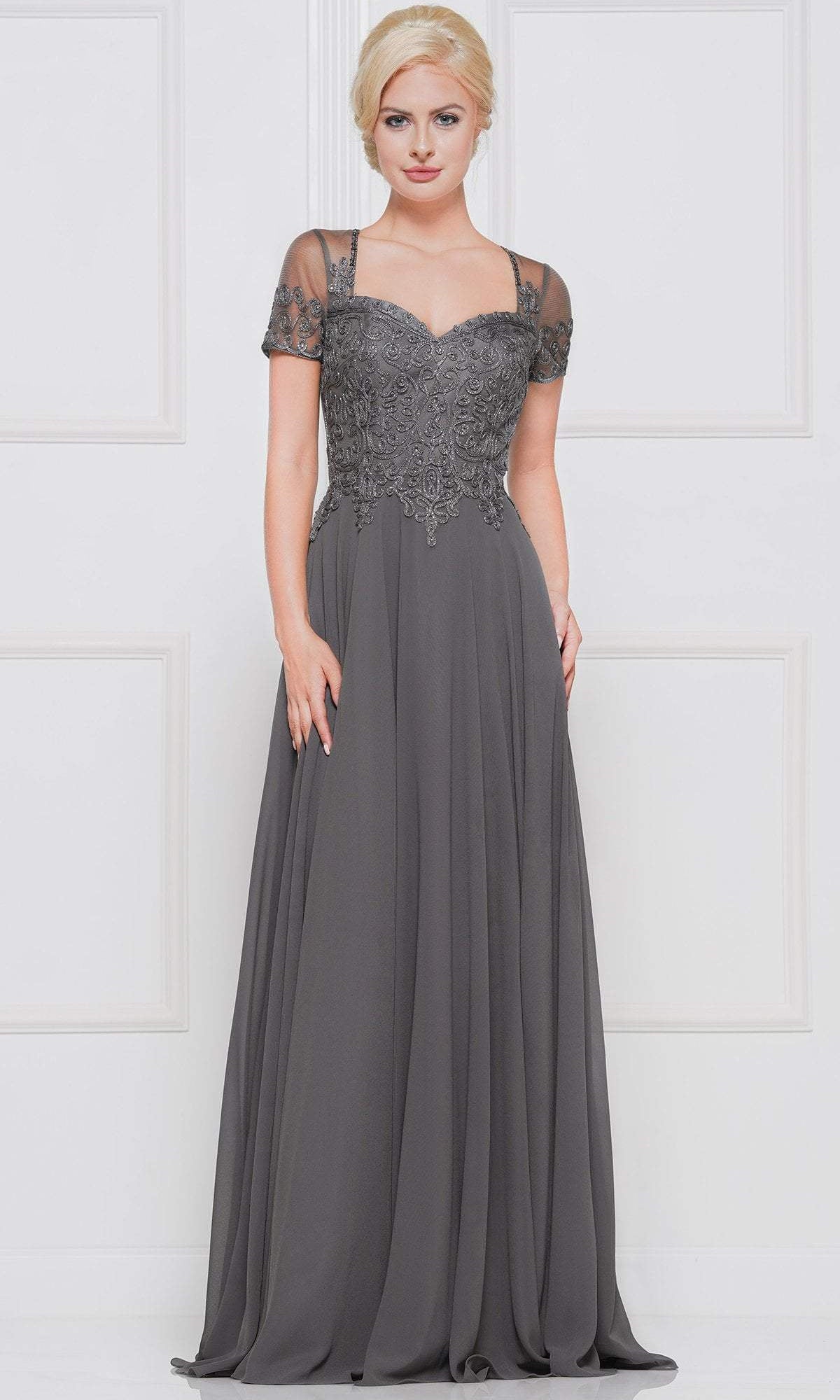 Marsoni by Colors - M271 Short Sleeve Queen Anne Soutache Gown - designer mother of the bride dress at Silhouette Dresses