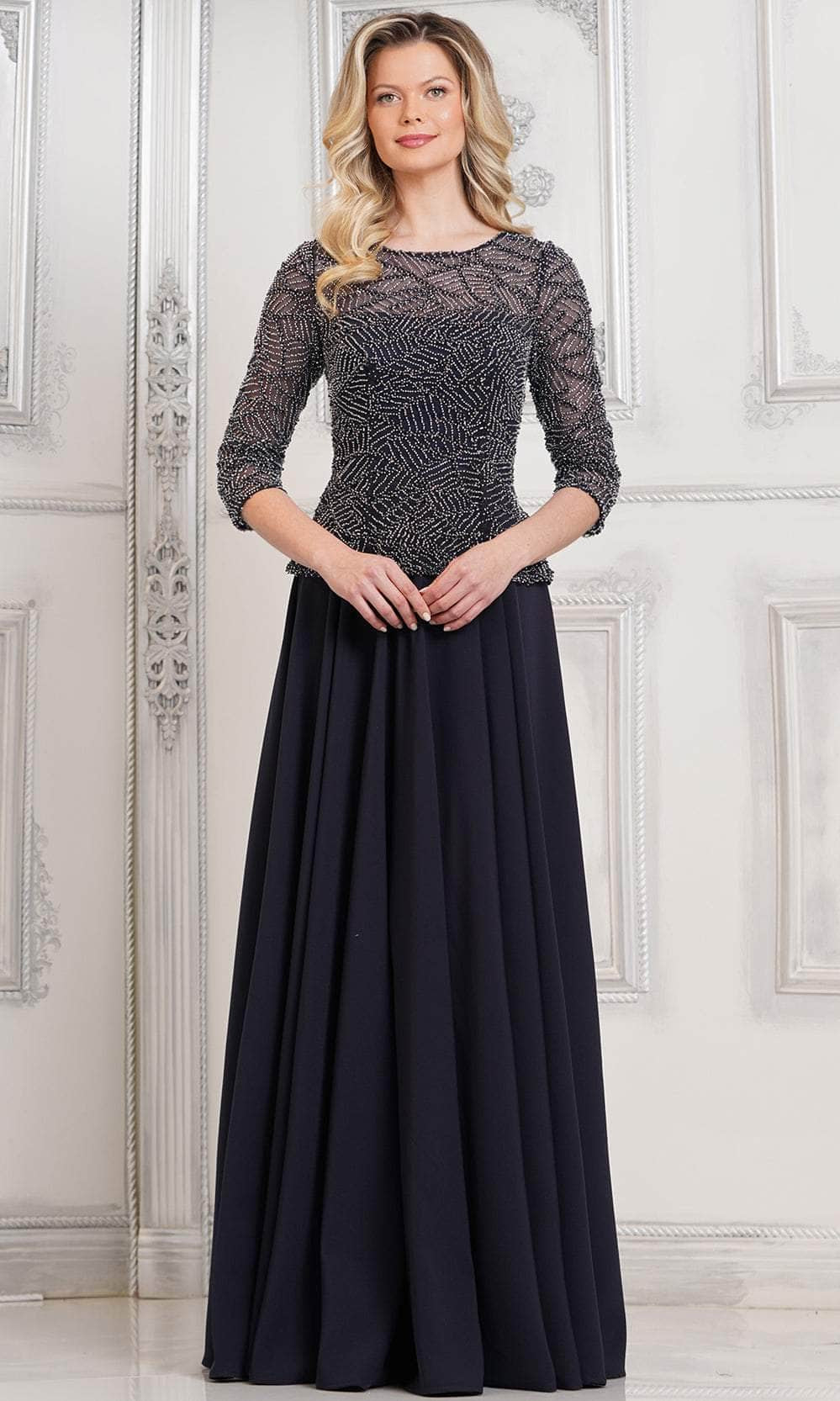 Marsoni by Colors MV1319-1 - Beaded Quarter Sleeve Long Dress - designer mother of the bride dress at Silhouette Dresses
