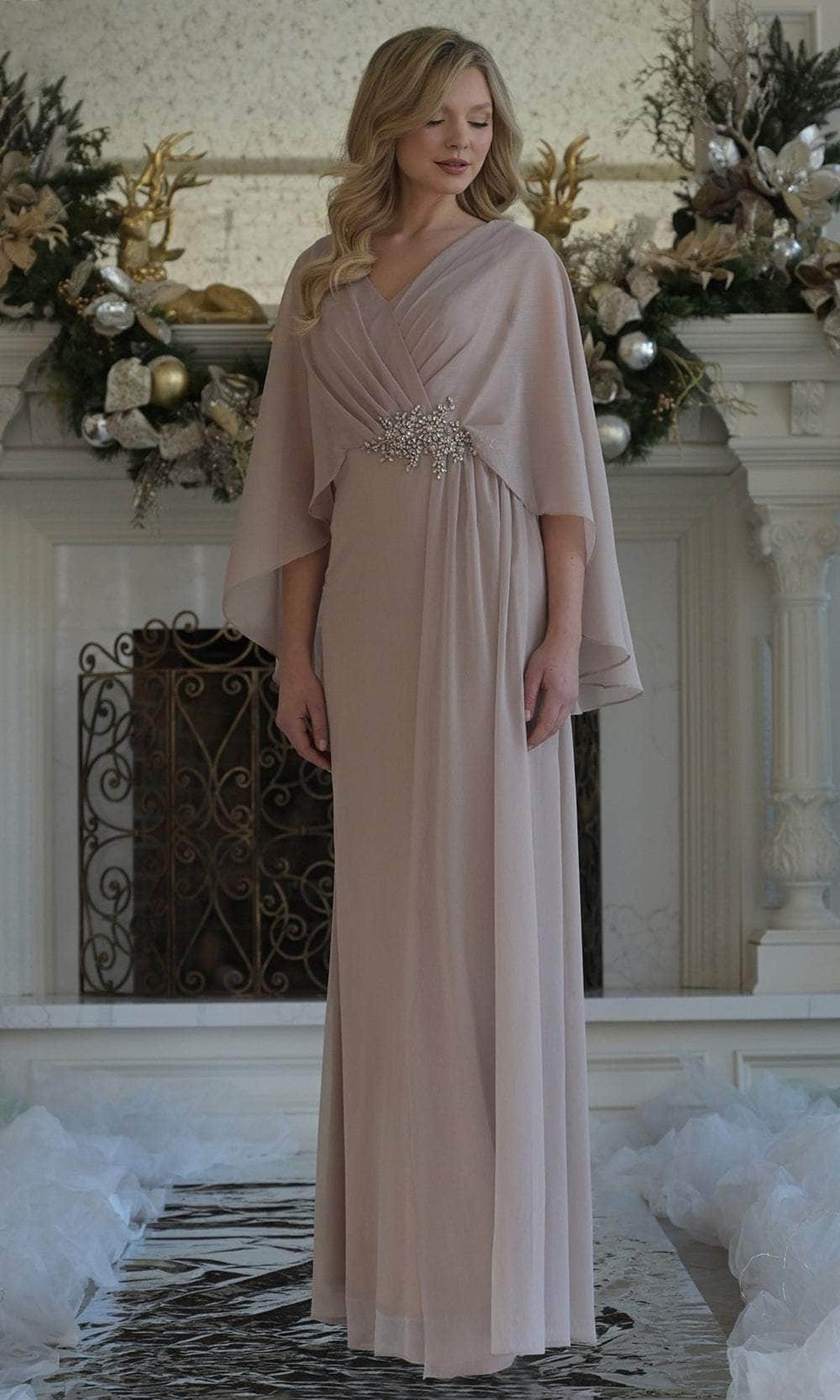 Marsoni by Colors MV1361 - Cape Sleeve Beaded Waist Gown