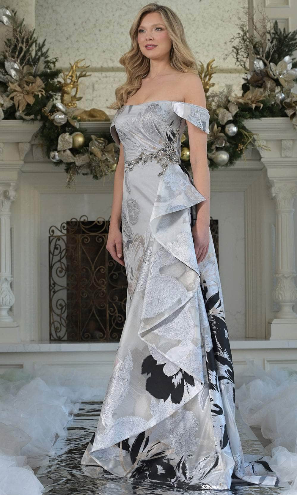 Marsoni by Colors MV1368 - Textured Off Shoulder Sheath Gown - designer mother of the bride dress at Silhouette Dresses
