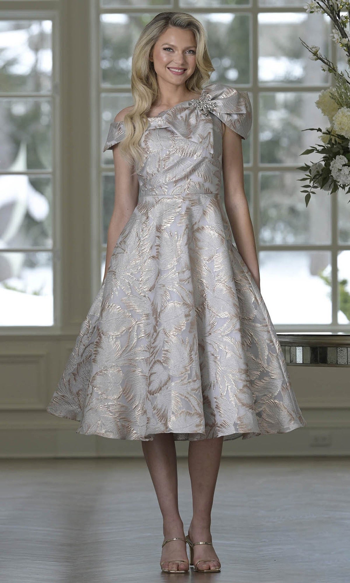 Marsoni by Colors MV1413 - Asymmetric Neck Tea-Length Jacquard Dress