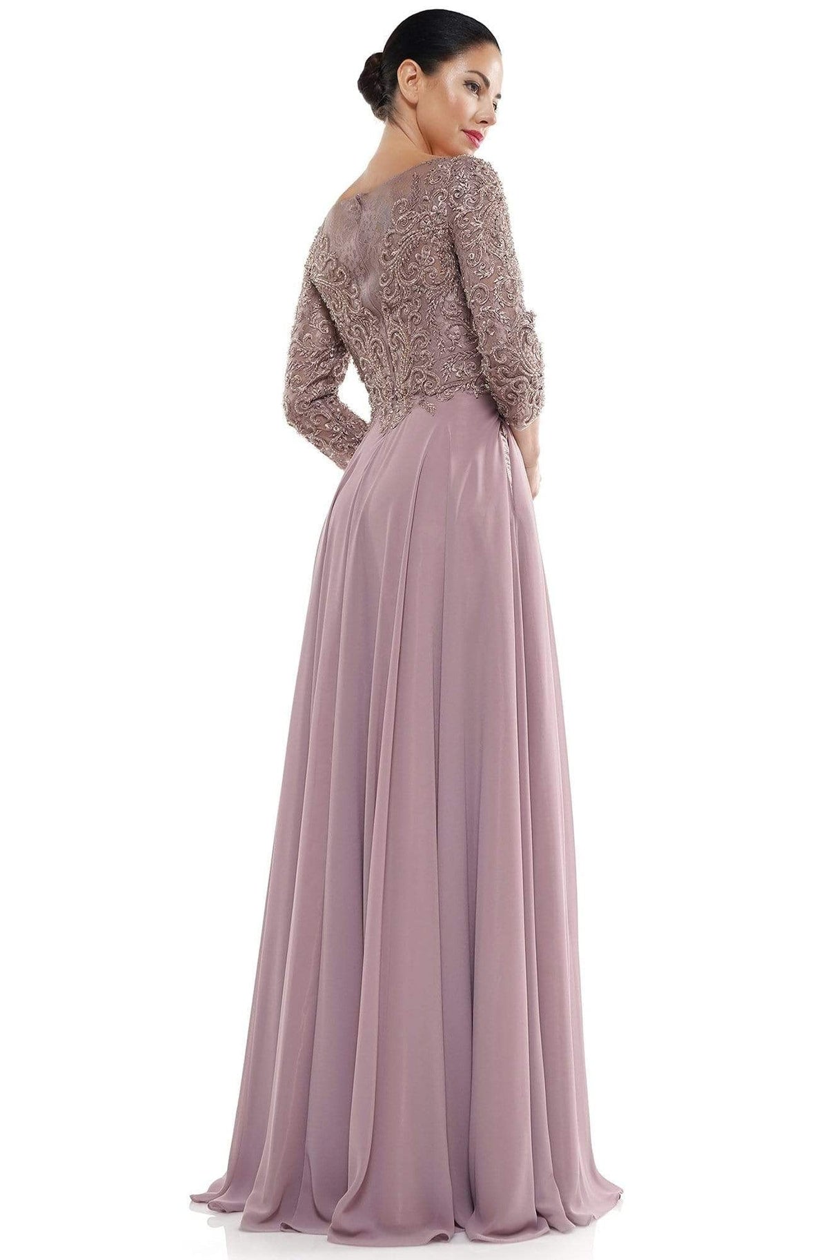 Marsoni by Colors - Quarter Sleeve Embroidered Lace Bodice A-Line Chiffon Gown MV1052 - back view